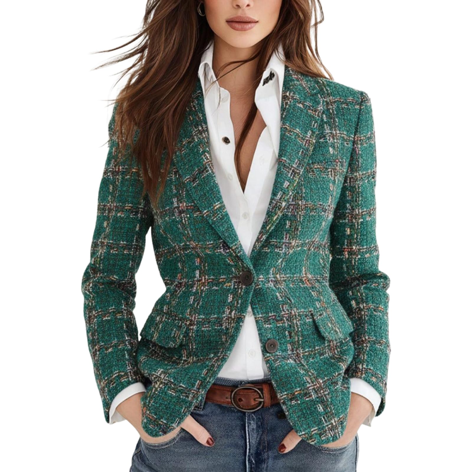 2025 Fall Vintage Green Tweed Plaid Single Breasted Blazer for Women Slim Fit Wool Blend Office Casual Jacket