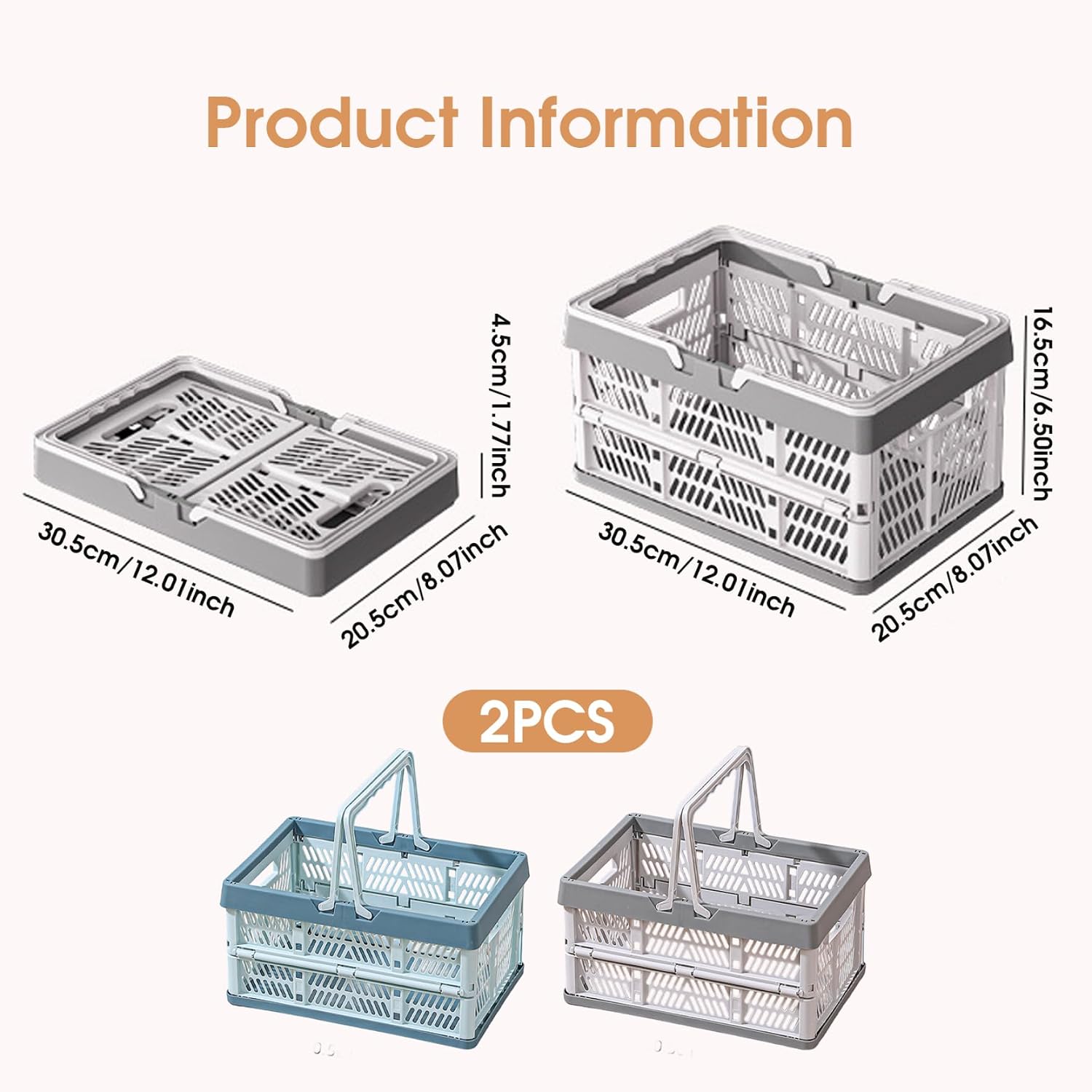 2Pcs Collapsible Shopping Basket, Foldable PP Plastic Crate, 12x8x6.5 Portable Collapsible Basket with Handles for Kitchen Bathroom Office Bedroom Cabinet, with Handles, Shopping