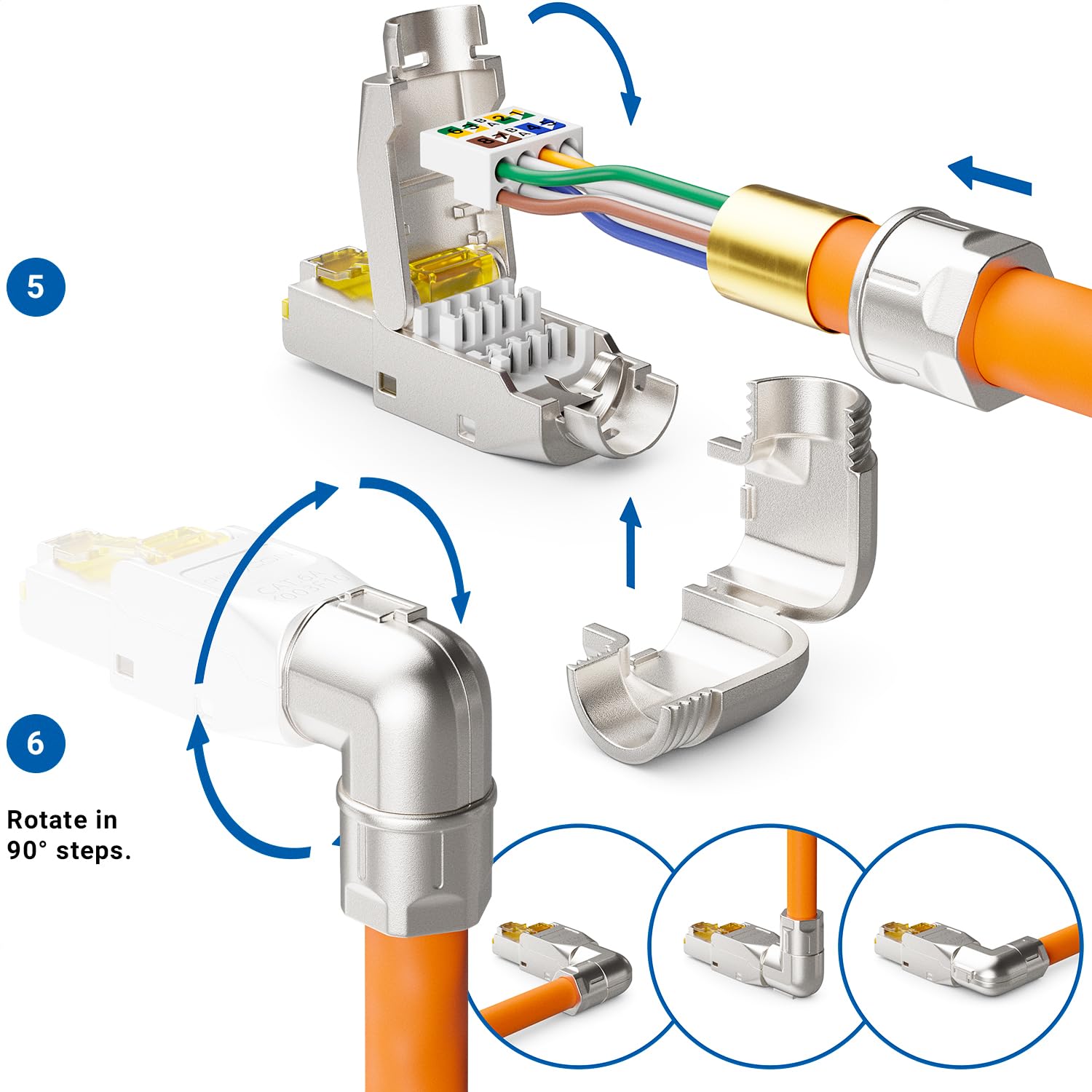 deleyCON 12x Connettore RJ45 CAT 6a Angolato 90° Senza Utensili, Schermato, 10 Gbit/s - per Cavi di Posa Rigidi (Roh), Ethernet LAN/DSL/Patch | Senza attrezzi, schermato, per cavi di posa rigidi, cavo grezzo, connettore RJ45, Ethernet, LAN, DSL, cavo patc