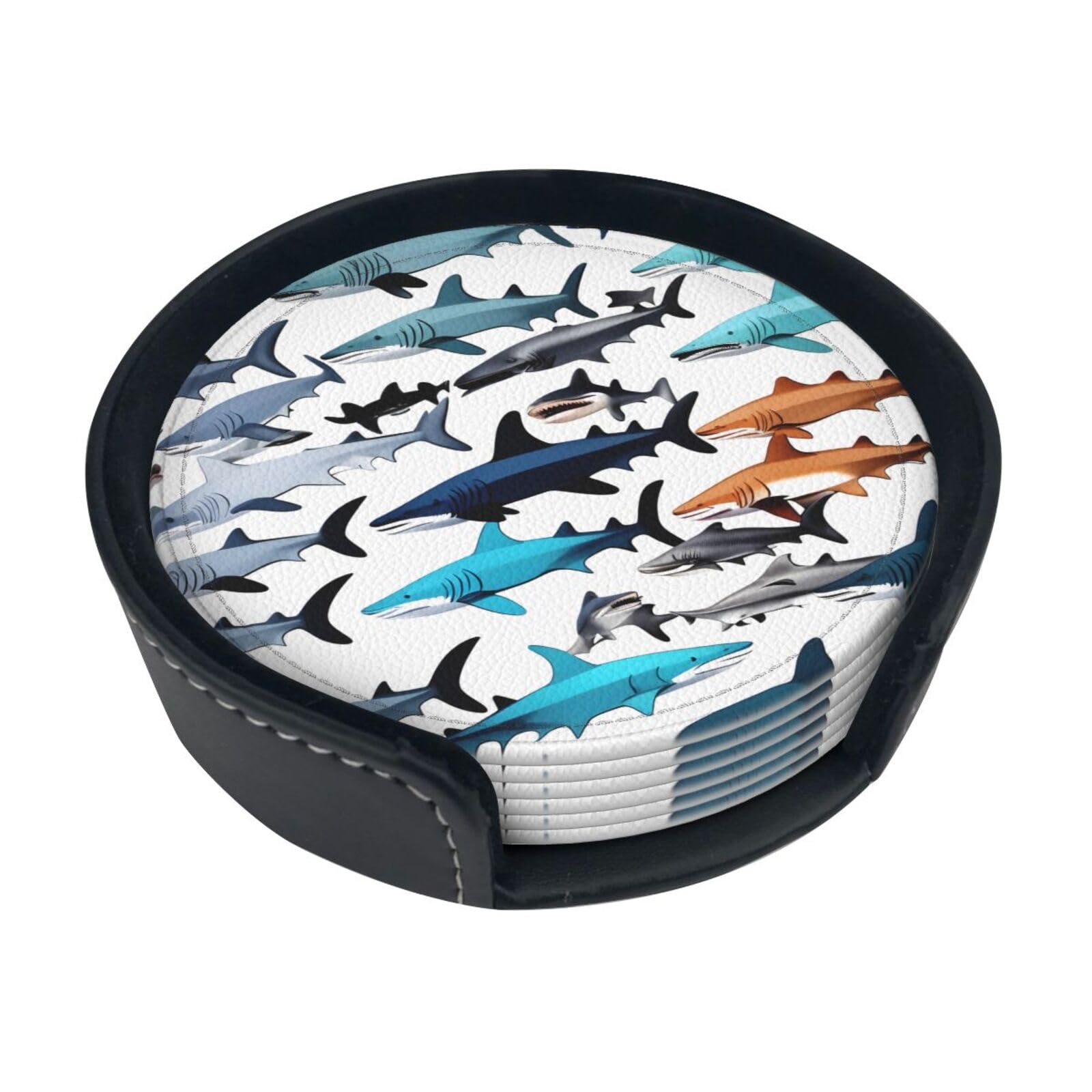 Sharks Pattern Print Round Coasters Set Of 6,Coaster For Tabletop Protection Home Bar Decor