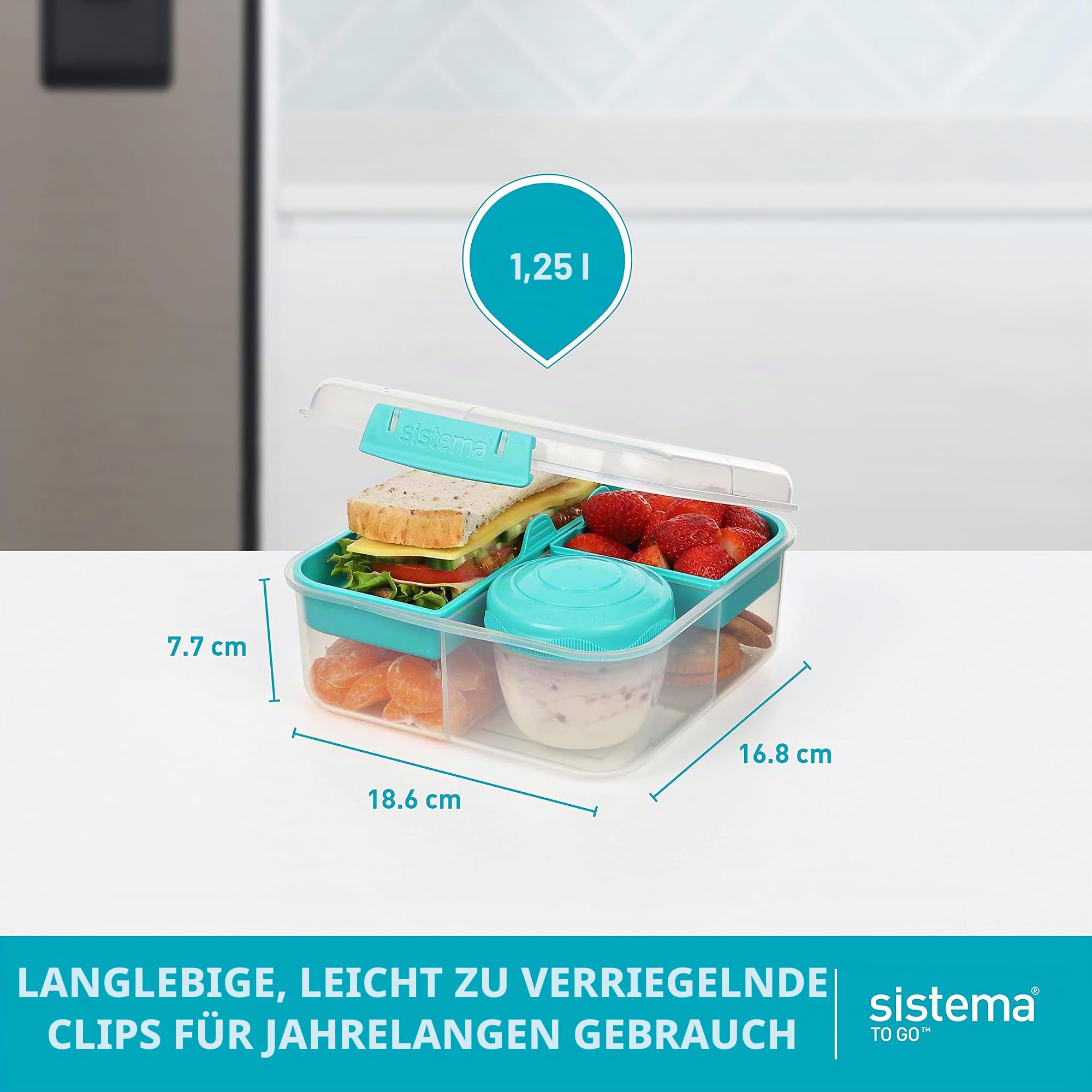 Sistema Bento Box TO GO Brotdose mit Fächern | 1,25 L Lunchbox mit Joghurt-/Fruchtbehälter | für Kinder & Erwachsene l | BPA-frei | Minty Teal [21685-8T], Mintgrün (Packung mit 2)