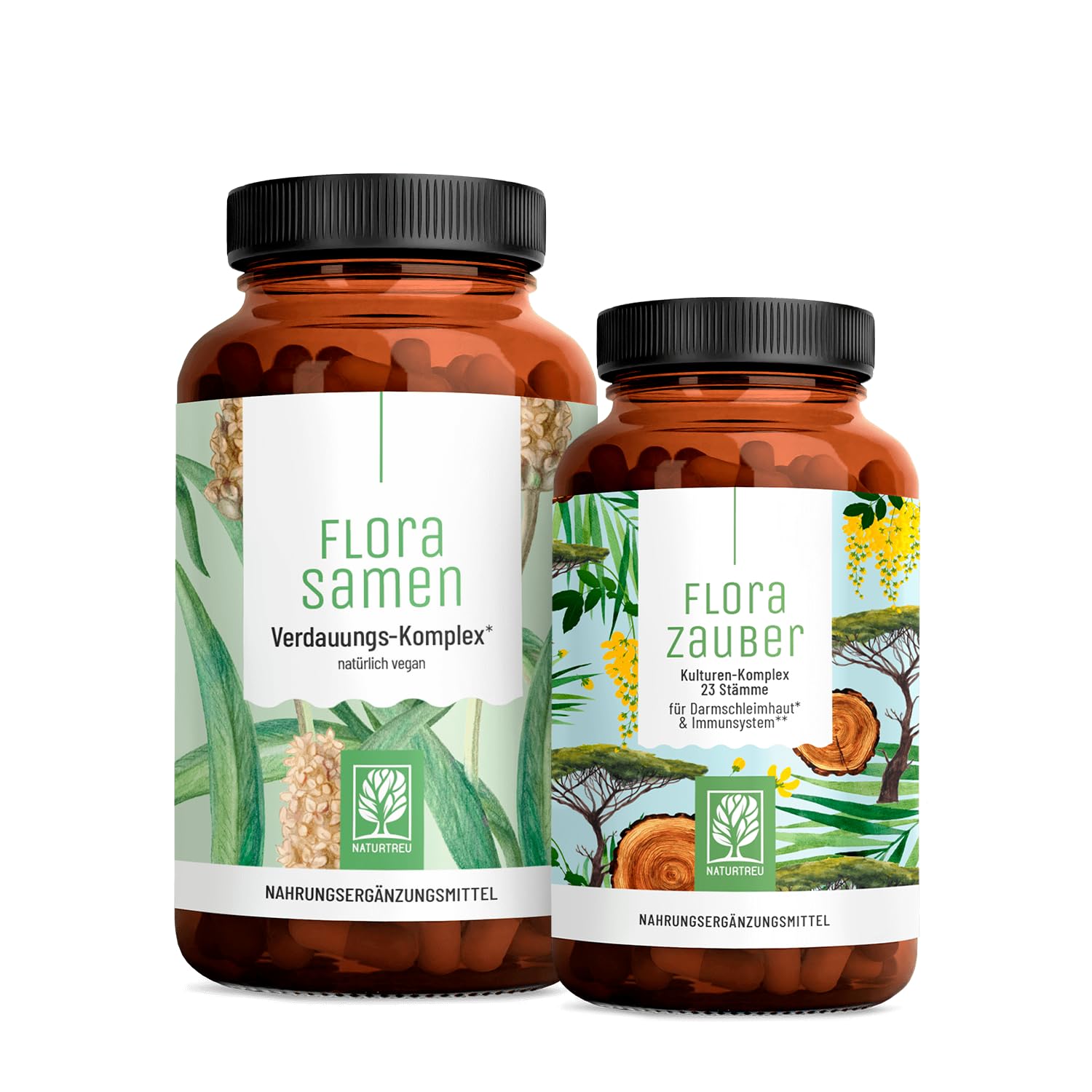 NATURTREU® Florazauber + Florasamen Bundle - 2er Paket aus 1x Kulturen Komplex mit 23 Stämmen ohne Inulin & 1x Flohsamenschalen Kapseln mit Calcium, Fenchel & Süßholzwurzel