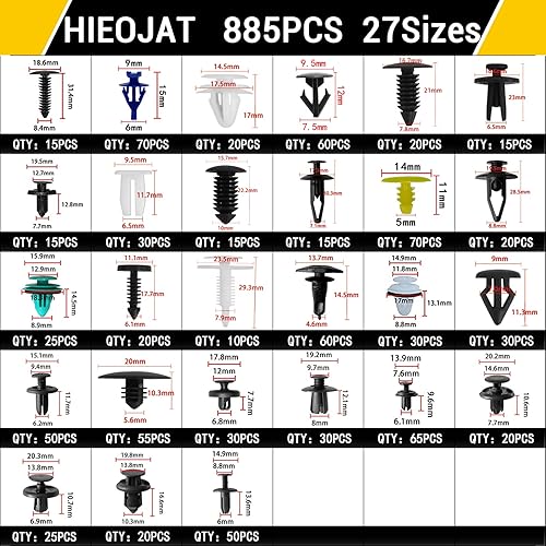 Miniatura 2 de HIEOJAT Juego de 940 clips de retención de automóvil, kit de sujetadores de plástico, clips de remache para guardabarros, 27 tamaños más populares,