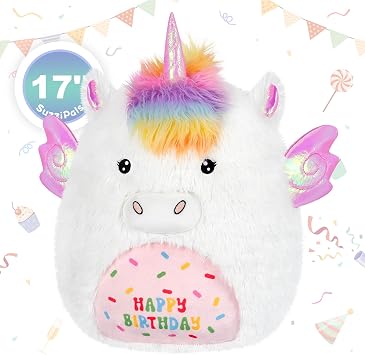 SuzziPals 17 Happy Birthday Unicorn Plush Pillow, Soft & Squishy, White Unicorn Stuffed Animal for Cuddle, Plushie Room Decor, for Girls & Boys
