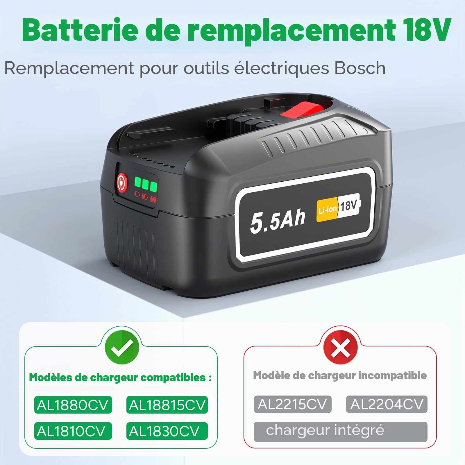2 pièces 18 V 5500 mAh Batterie lithium-ion PBA compatible avec les outils électriques Bosch, PBA1860 Batterie de rechange Compatible avec les outils Bosch pour la maison et le jardin 18 V PBA