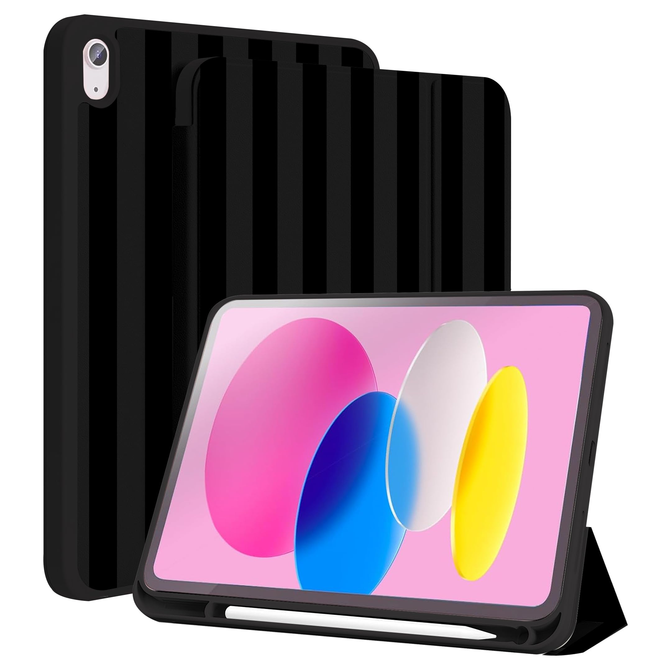 Photo 1 of TopPerfekt Case for iPad 11th (A16) 11-inch 2025/10th Generation 10.9-inch 2022, Stripes [Auto Wake/Sleep] with Pencil HolderTrifold Stand Smart Cover with Soft TPU Back, Supports Touch ID - Black