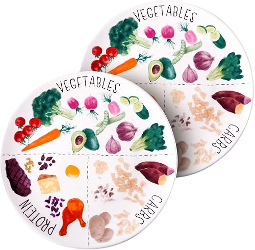 Viynran Platos de control de porciones de cerámica de 10 pulgadas para pérdida de peso y diabetes, juego de 2 platos reutilizables, aptos para