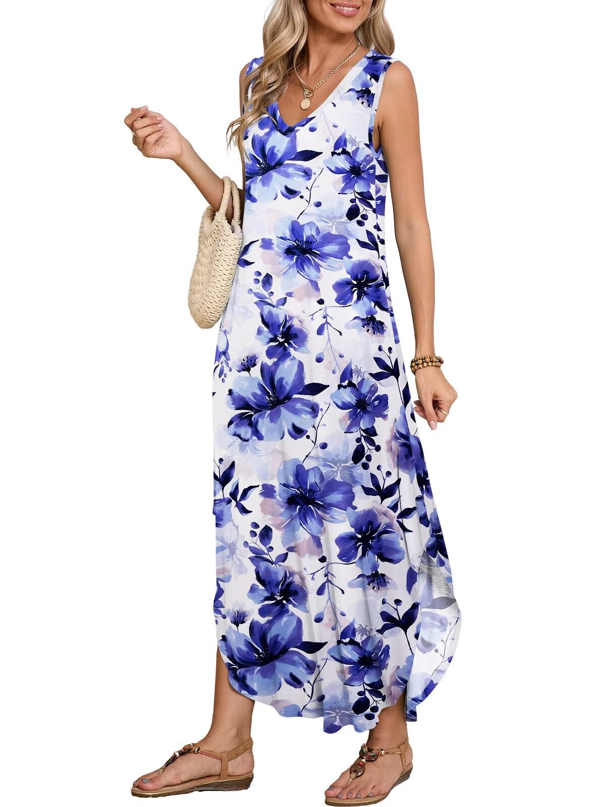 BELAROI Womens Plus Size Maxi Dress Sundress Summer Casual Sleeveless V Neck Pockets Beach Swimsuit Coverup Loose