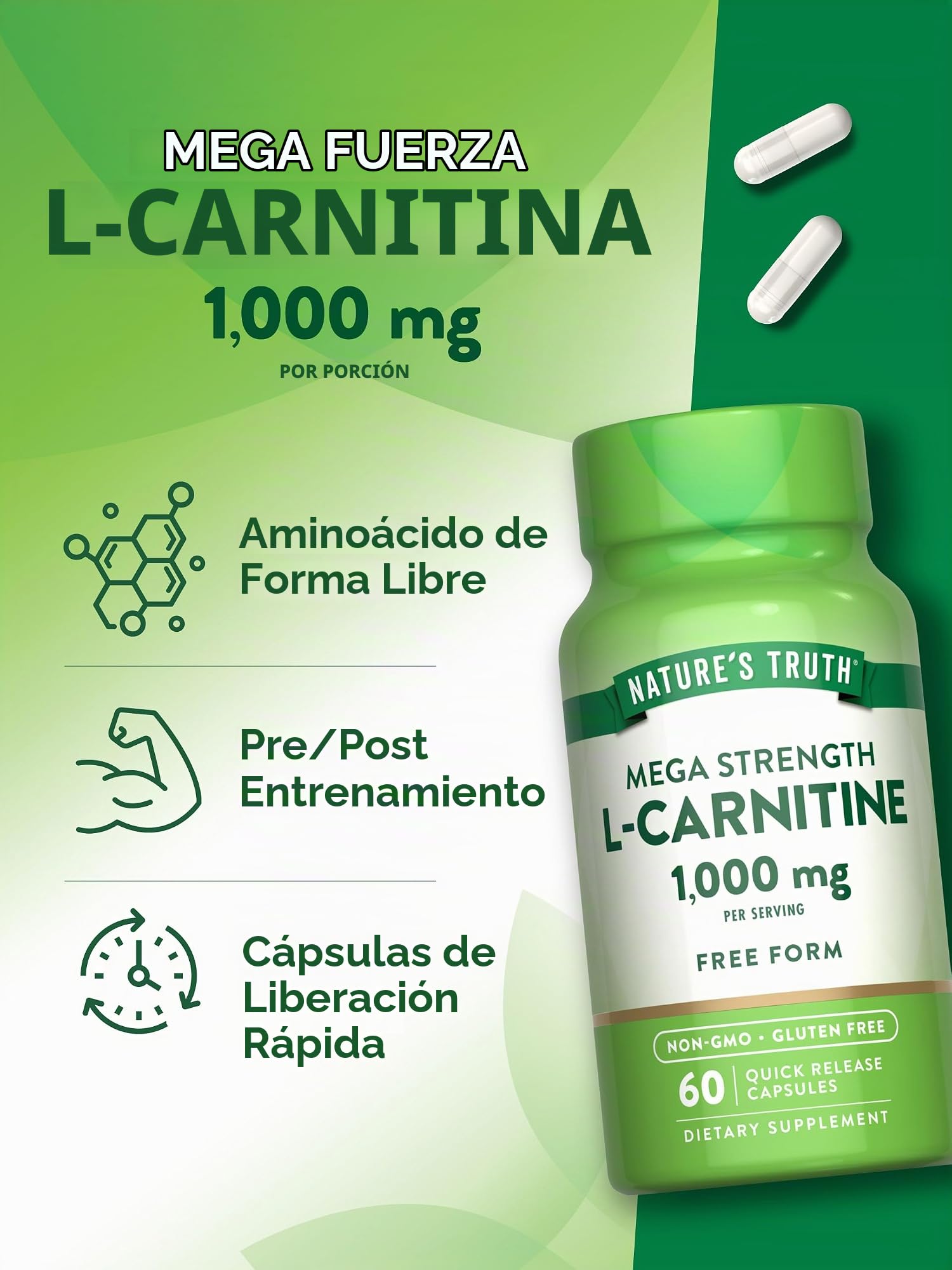 Nature's Truth L-Carnitina 1000mg | 60 Cápsulas | Mega Fuerza | Forma Libre