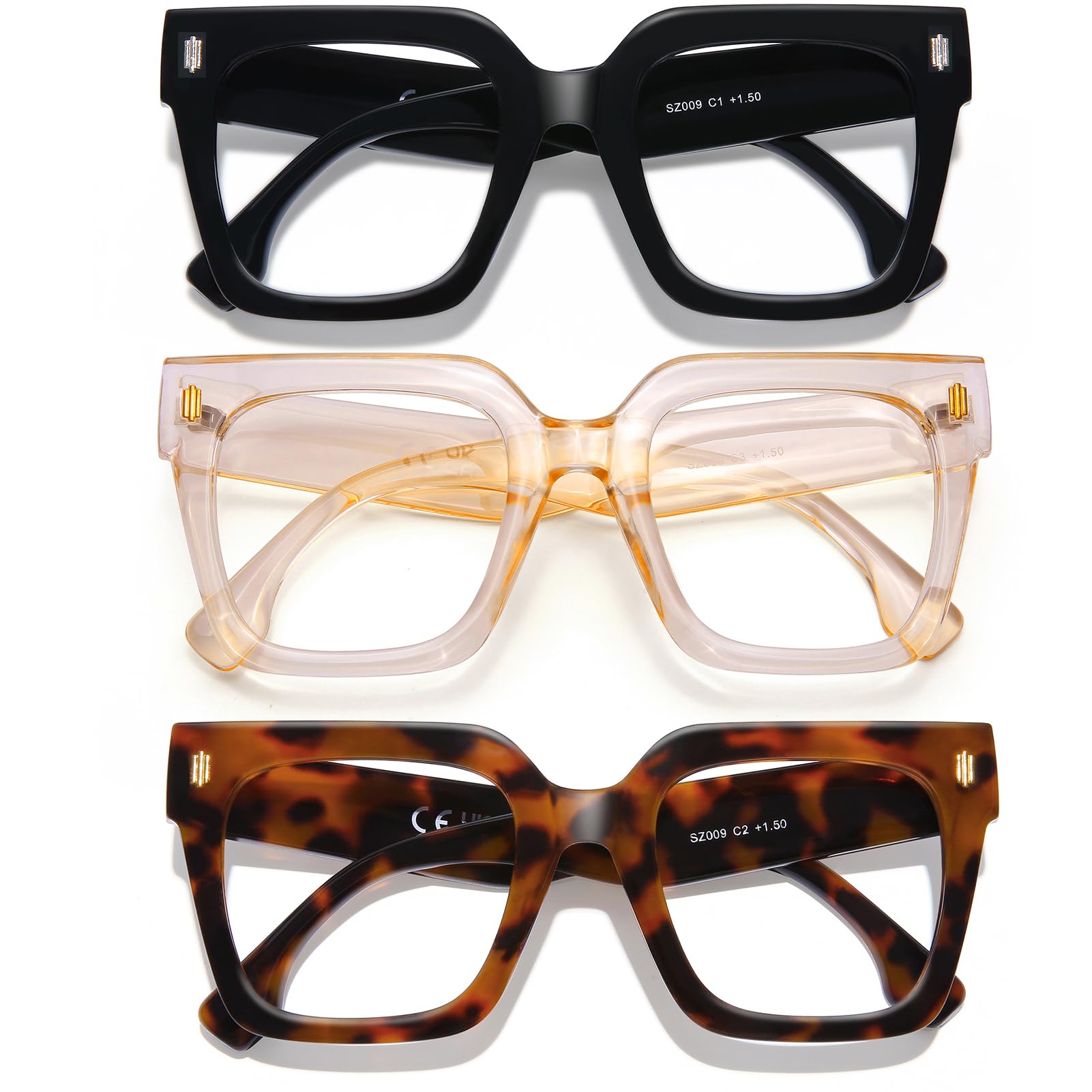 Photo 1 of AQWANO 3 Pack Stylish Oversized Reading Glasses for Women, Fashion Designer Blue Light Blocking Magnifying Readers Computer Glasses, 1.5