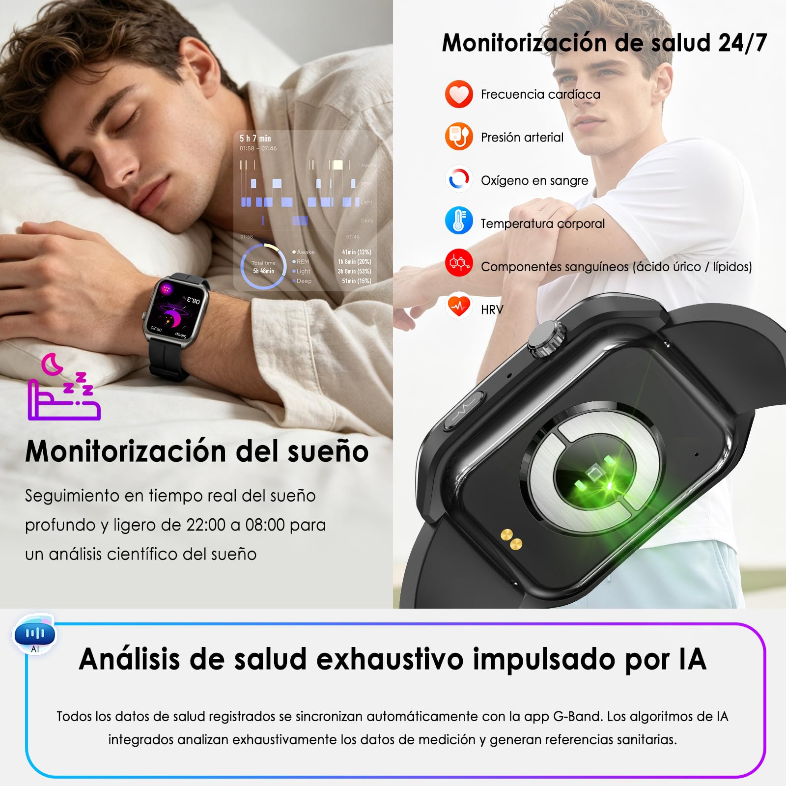 Marsyu Reloj Inteligente con ECG+HRV/Tension Arterial/Sueño/Estrés/Fatiga
