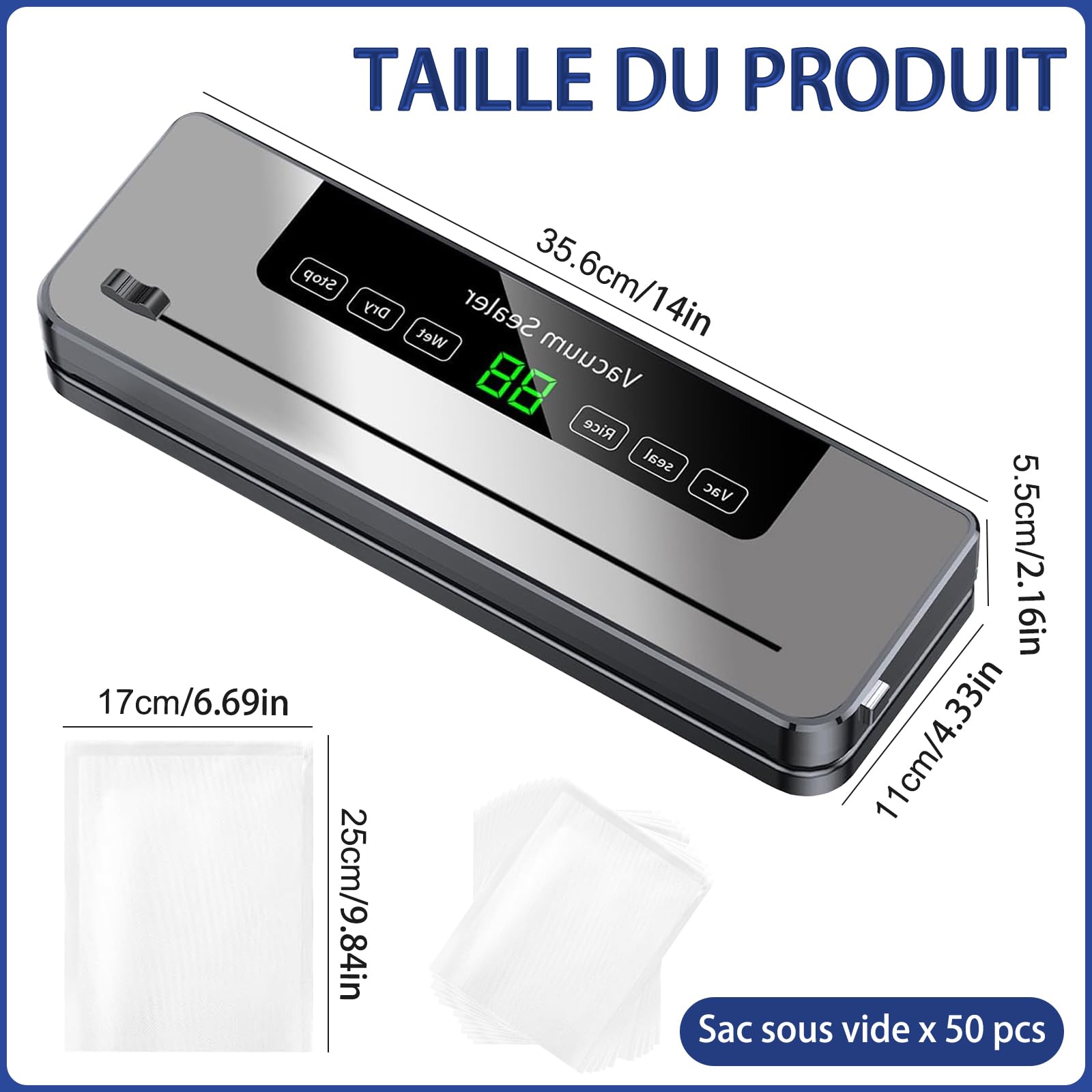 Machine Sous Vide Alimentaire, Avec 50 Sacs Sous Vide, Appareils de Mise Sous Vide Multifonction 5 en 1, Avec Mode Humide et sec pour Stockage de Fruits, Légumes, Pain, Viande, etc.