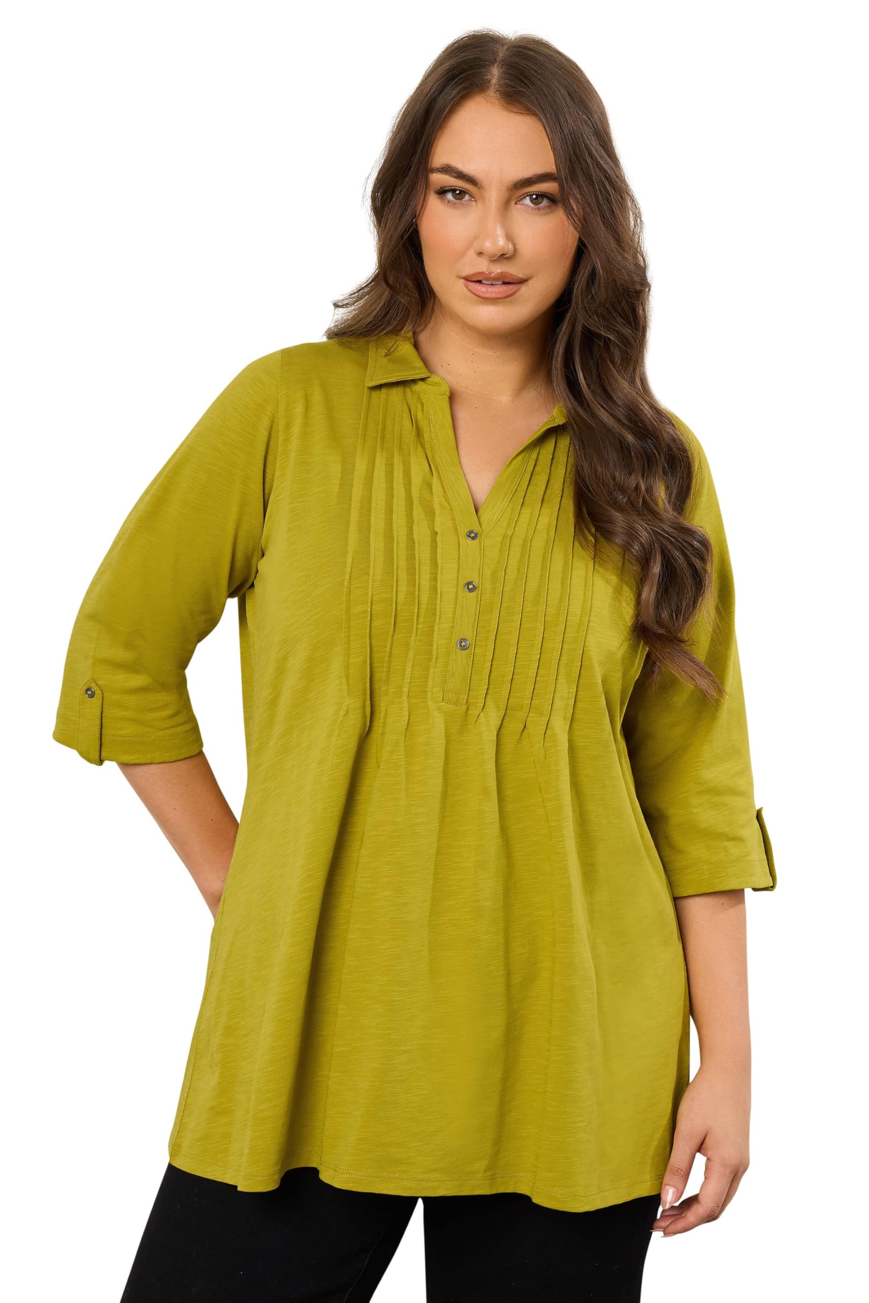 Evans Women's Lime Curve Green Pintuck Henley Top - Plus Size Curve