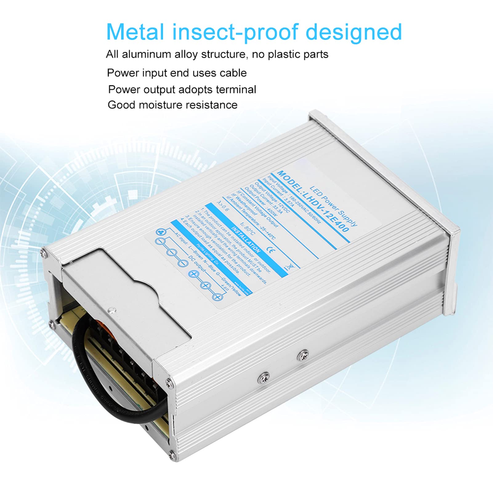 Alimentatore a commutazione impermeabile con driver LED in lega di alluminio, 400 W, con protezione da cortocircuito e sovracorrente, per moduli strisce LED, luci a punto (LHDV-12E400 12V)