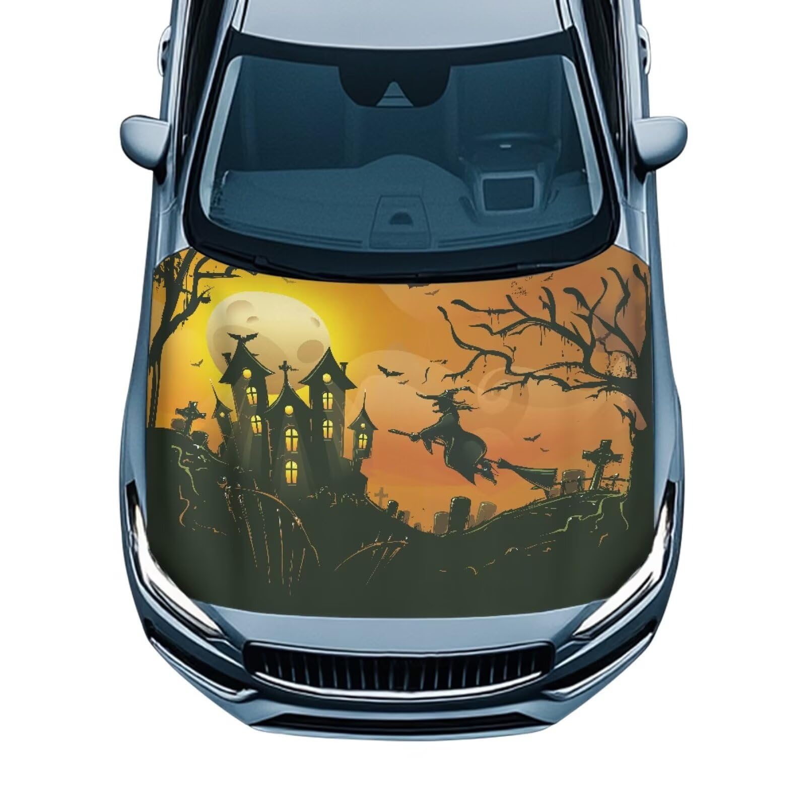 Halloween Moon Witch Hood Cover Stretchable Polyester,Engine Cover，Elastic Fabrics Can be Washed,Car Bonnet All-Season Protection