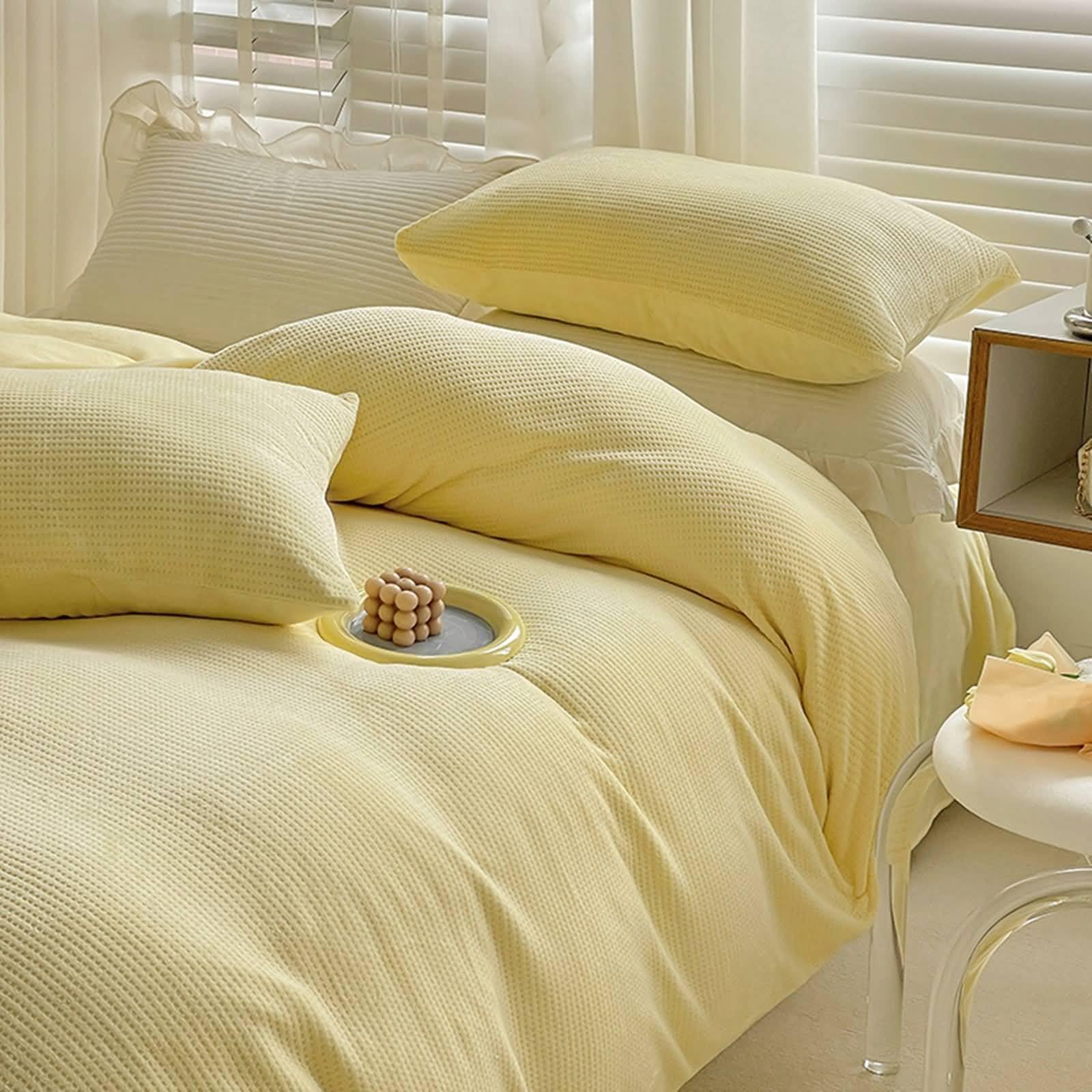 Bettenset 4Teilig, Polyester-Fleece Bettwäsche-Set mit Bettlaken und 2 Kissenbezügen Waffelgitterstruktur, Gelb (1.5m-200x230cm, 230x250cm)