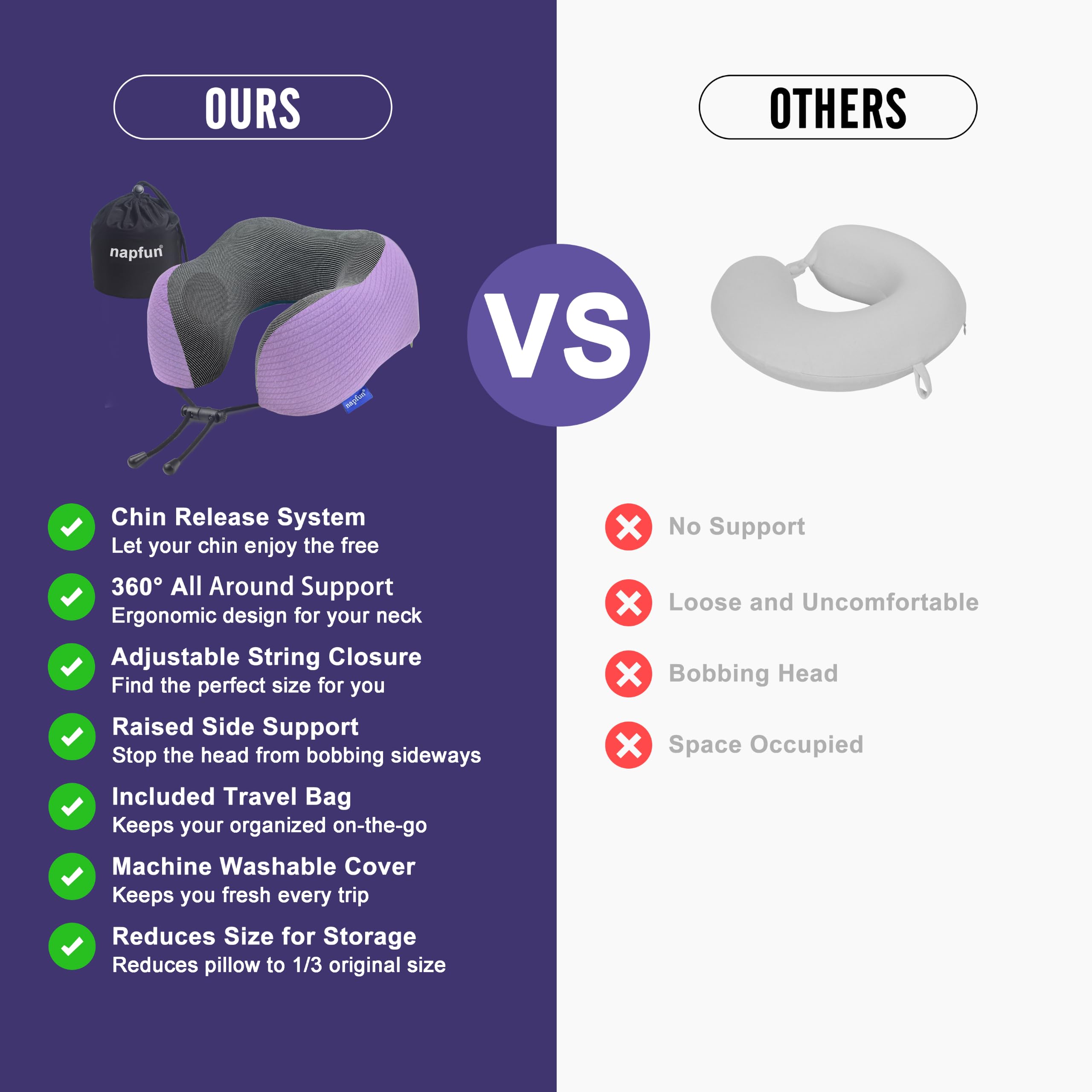 napfun Neck Pillow for Travel, Memory Foam Airplane Pillow, Light Purple view 4