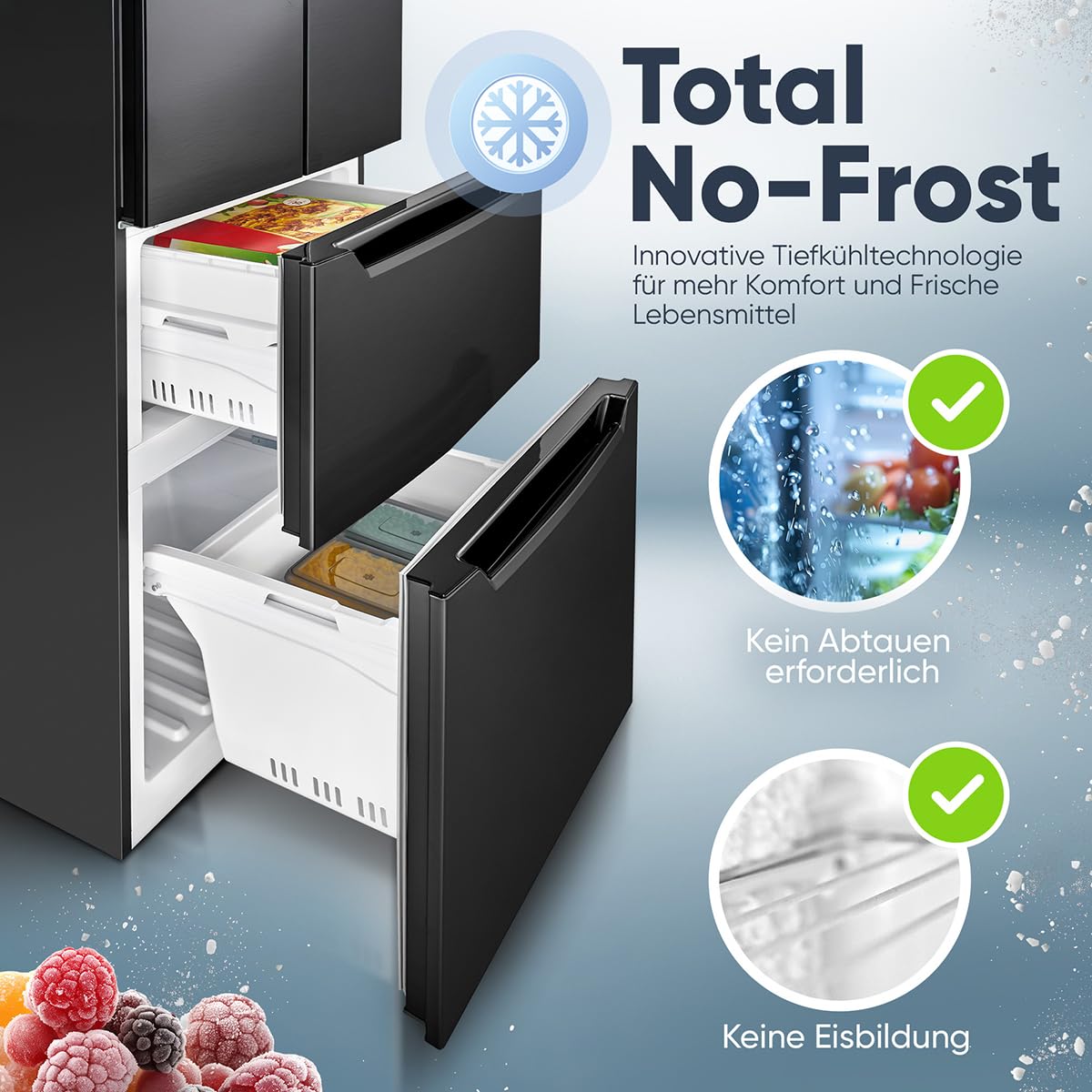 Bomann Réfrigérateur et Congélateur 320L KG7361-Noir, Système MultiAirflow, Totalement Sans Givre, Éclairage LED, 4 Étagères en Verre, Mode Économie d'Énergie, 39 dB