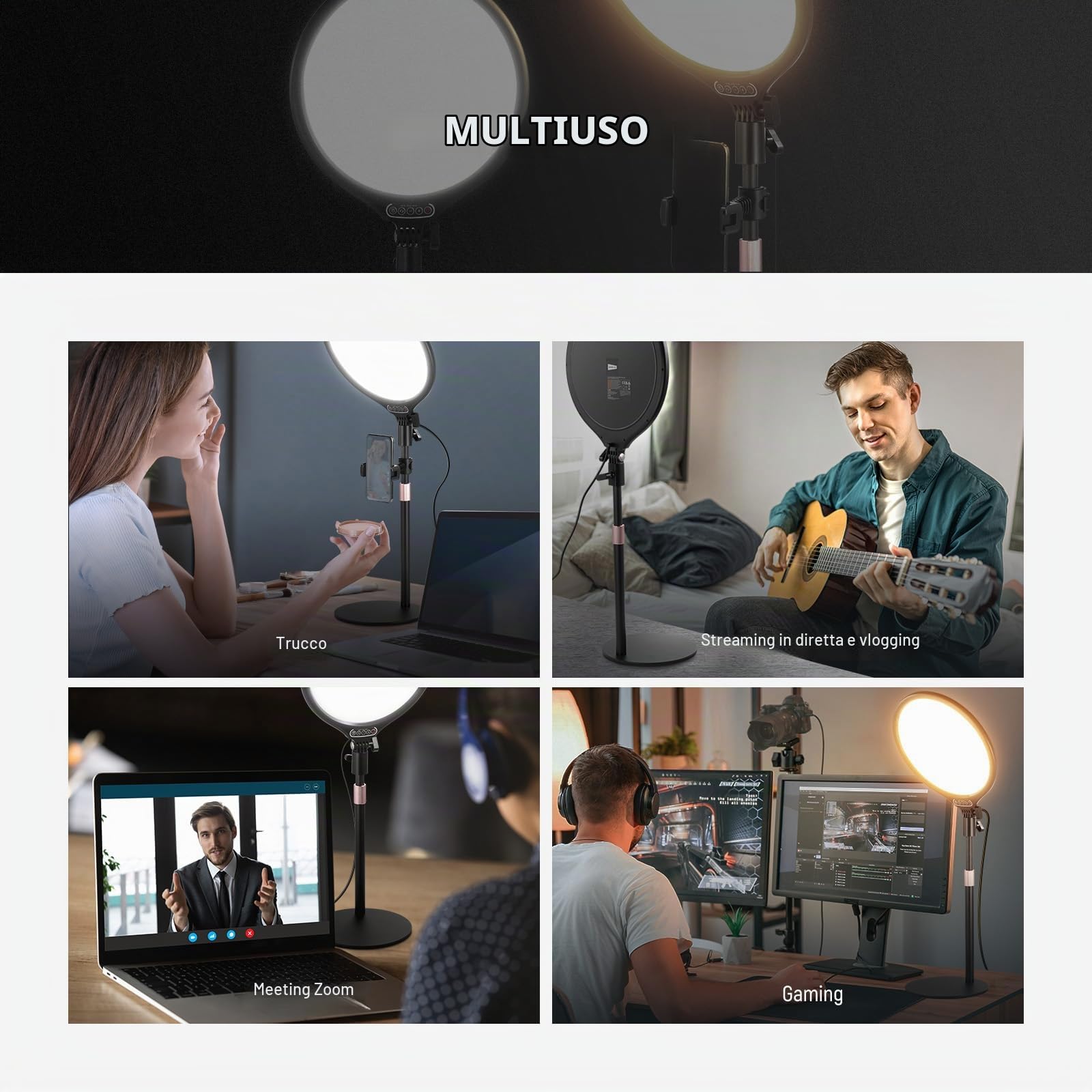 NEEWER Basics 10.5" Ring Light da Scrivania con Supporto/Supporto Telefono/Timer, Pannello LED Luce Fotografica dimmerabile da 15W a Schermo Intero per Selfie Foto Video, SOLO Alimentazione USB A, R10