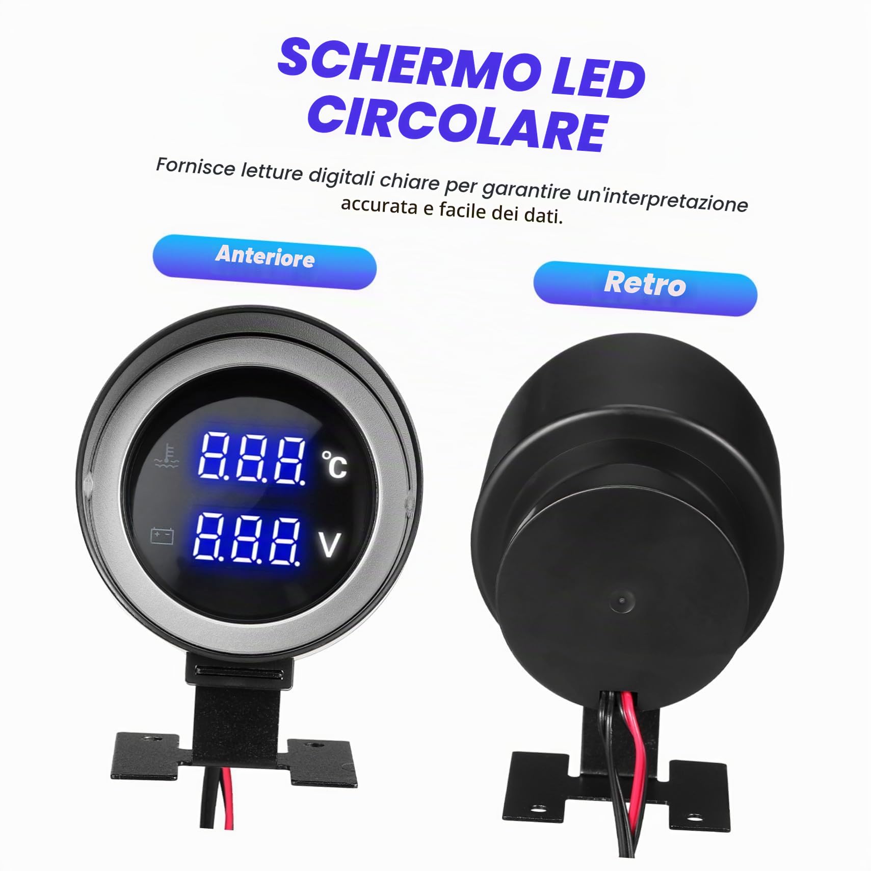 GANAZONO Manometro Digitale Acqua e Voltmetro per Auto e Camion con Display LED Rotondo Compatibile Veicoli Multiuso Monitoraggio Temperatura Motore e Tensione Batteria
