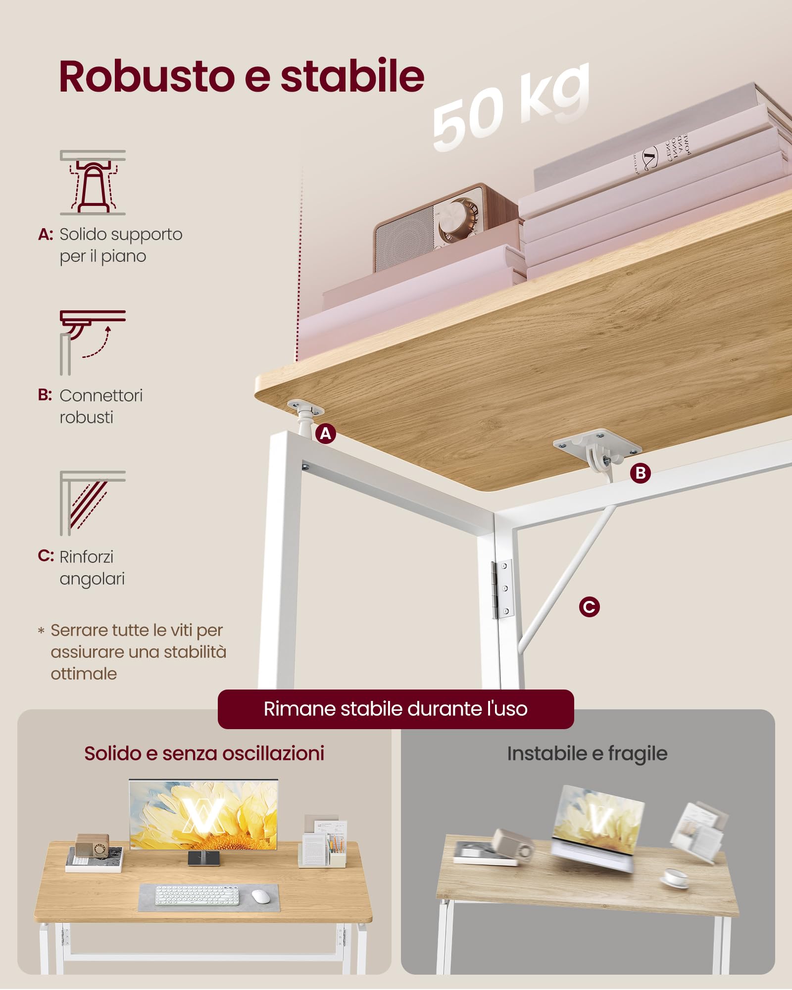 VASAGLE Scrivania per Computer Pieghevole, Piano in Unico Pezzo, Angoli Arrotondati, Tavolo da Ufficio, Camera da Letto Balcone Campeggio, Facile da Montare, 100 x 50 cm, Rovere Naturale LWD152YD01