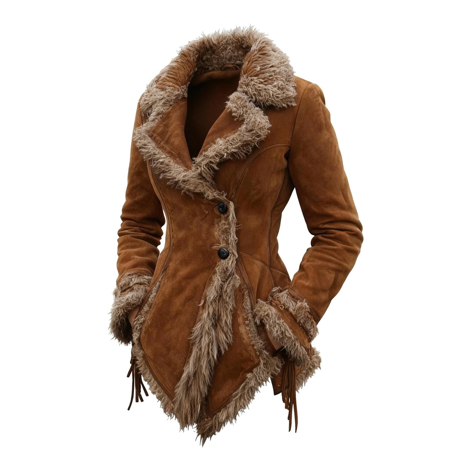 Veste en daim pour femme - Longue veste d'hiver chaude doublée - Veste polaire à revers - Manteau d'hiver épais - Trench épais - Col rabattu - Peluche - Manteau en fourrure synthétique - Veste en cuir