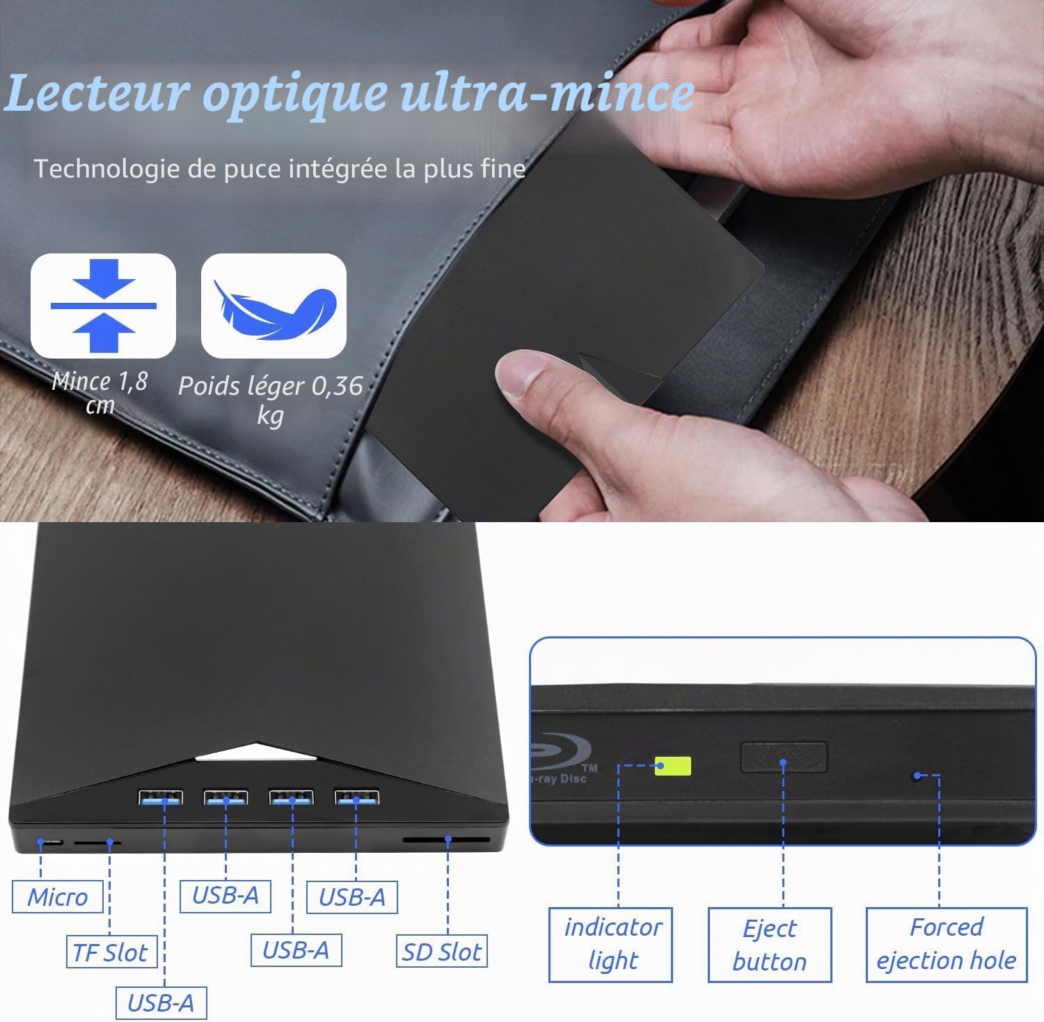 8 en 1 Lecteur Blu-Ray Externe - Lecteur DVD/BD Graveur Blu Ray avec USB 3.0 Type-C, Portable Lecteur Blu Ray Externe, 3D CD DVD Graveur Optical Bluray Drive pour PC Windows 11 10 8 7