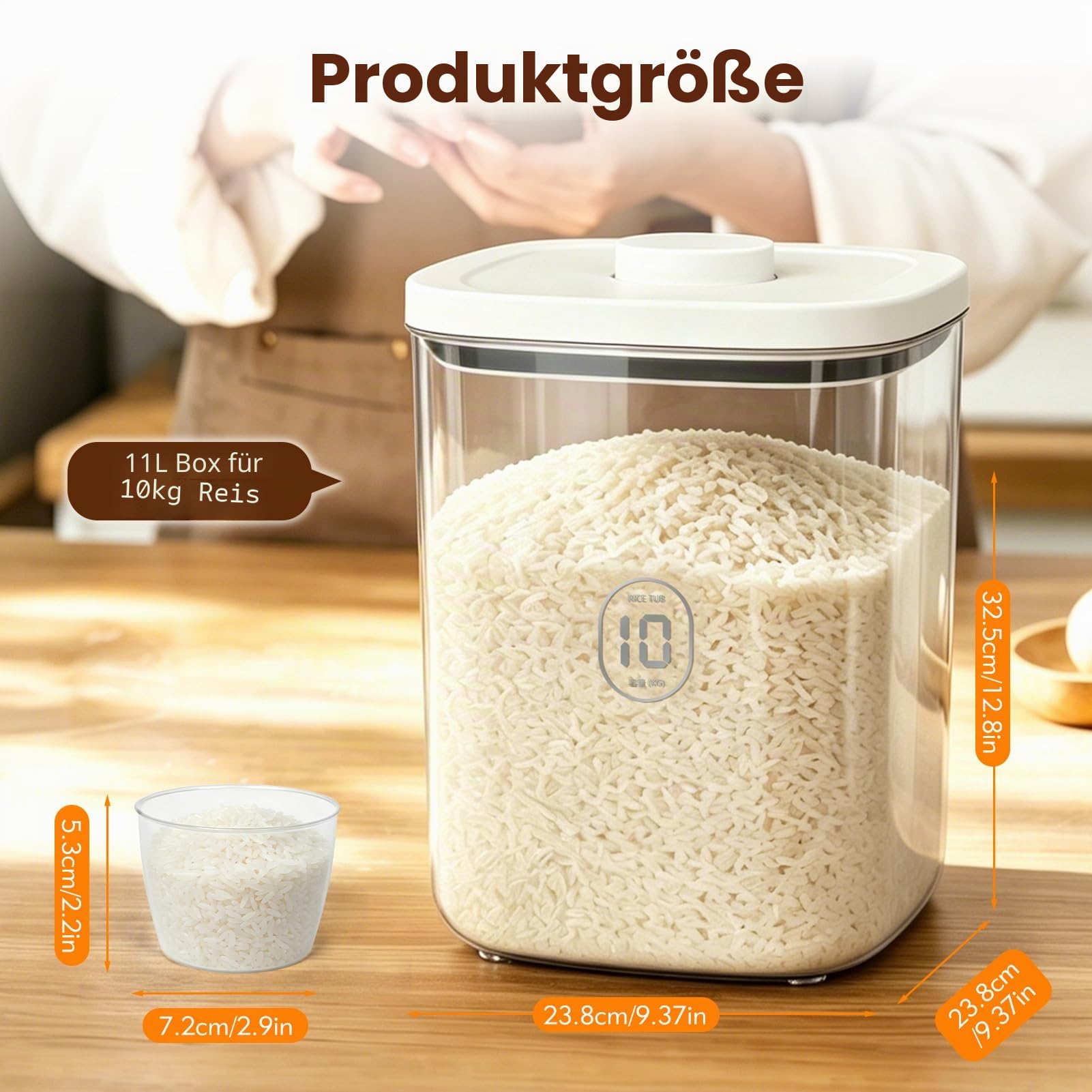 Reis Aufbewahrung 10KG mit Messbecher, Trockenfutter Aufbewahrungsbox 11 Liter, Transparent Vorratsdosen mit Deckel Luftdicht Müslispender, Plastik Getreidevorratsbehälter Küche Mehl, Reis