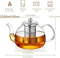 Vista 1 de Tetera de vidrio de 40OZ (1200ML) con infusor segura para estufa, tetera de vidrio transparente, tetera de borosilicato con filtro de infusor