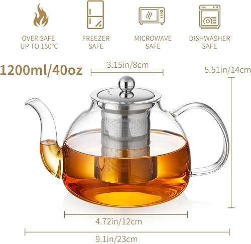 DOPUDO ELEGANT - Tetera de vidrio con infusor extraíble de acero inoxidable, para estufa y microondas, hervidor de vidrio borosilicato con colador