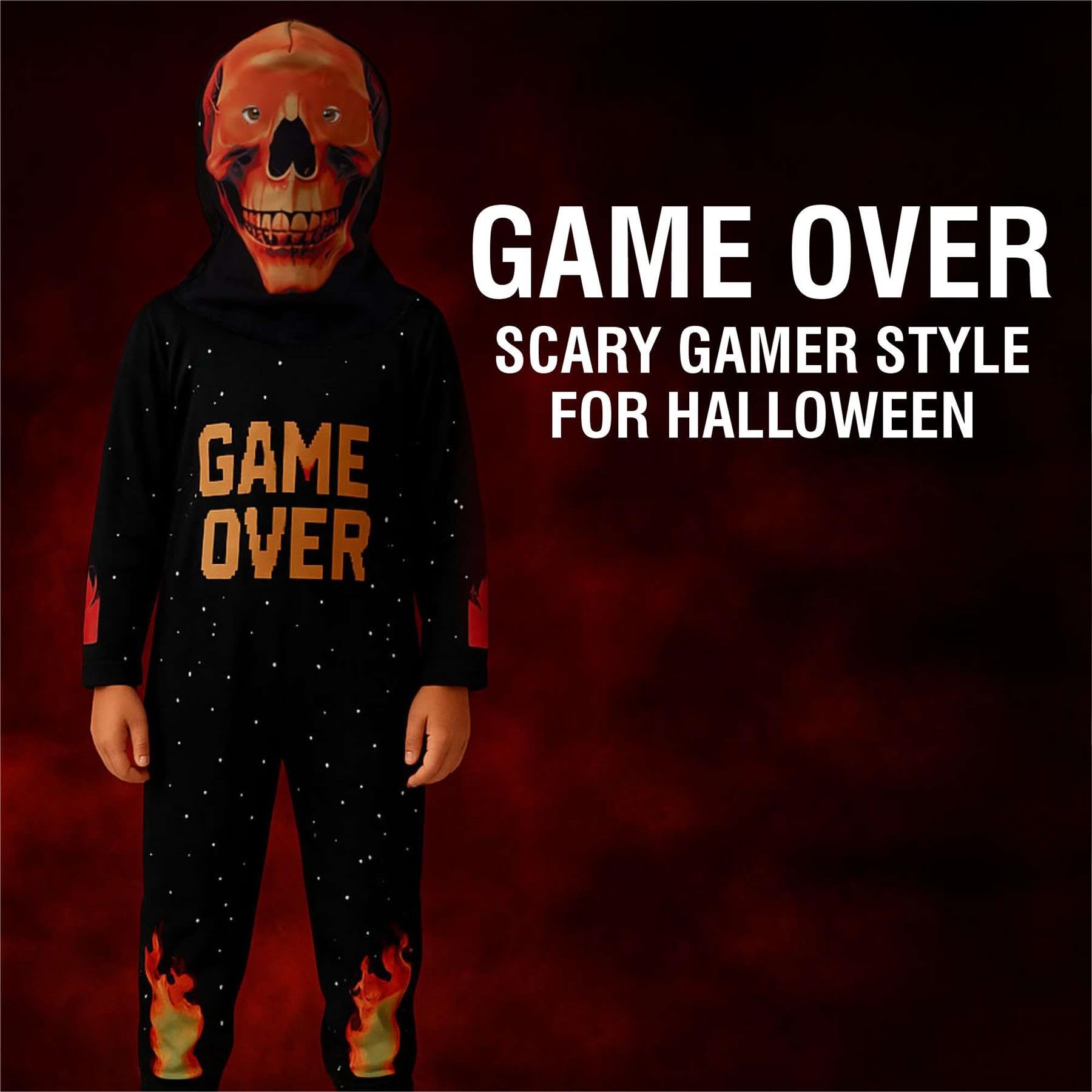 A2Z 4 Kids Kostium szkieletu dla chłopców i dziewcząt, kostium na Halloween, fantazyjna sukienka z czaszką, maska z kapturem, upiorny gracz, cosplay, kombinezon na imprezy typu cukierek albo psikus