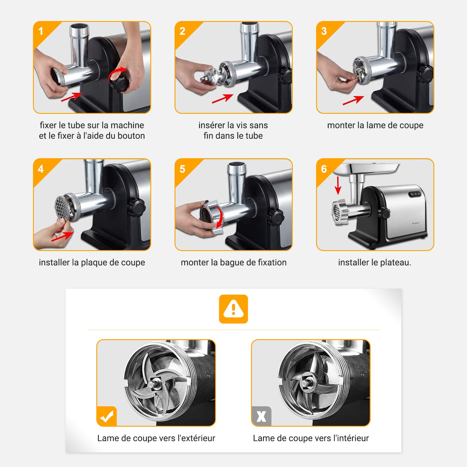 Hachoir a viande AOBOSI 3-IN-1 Hachoir à viande électrique avec 3 plaques de coupe en inox, 1 Kubbe et 3 tubes de remplissage pour saucisses, moteur [3000w Max], Hachoir avec lames.