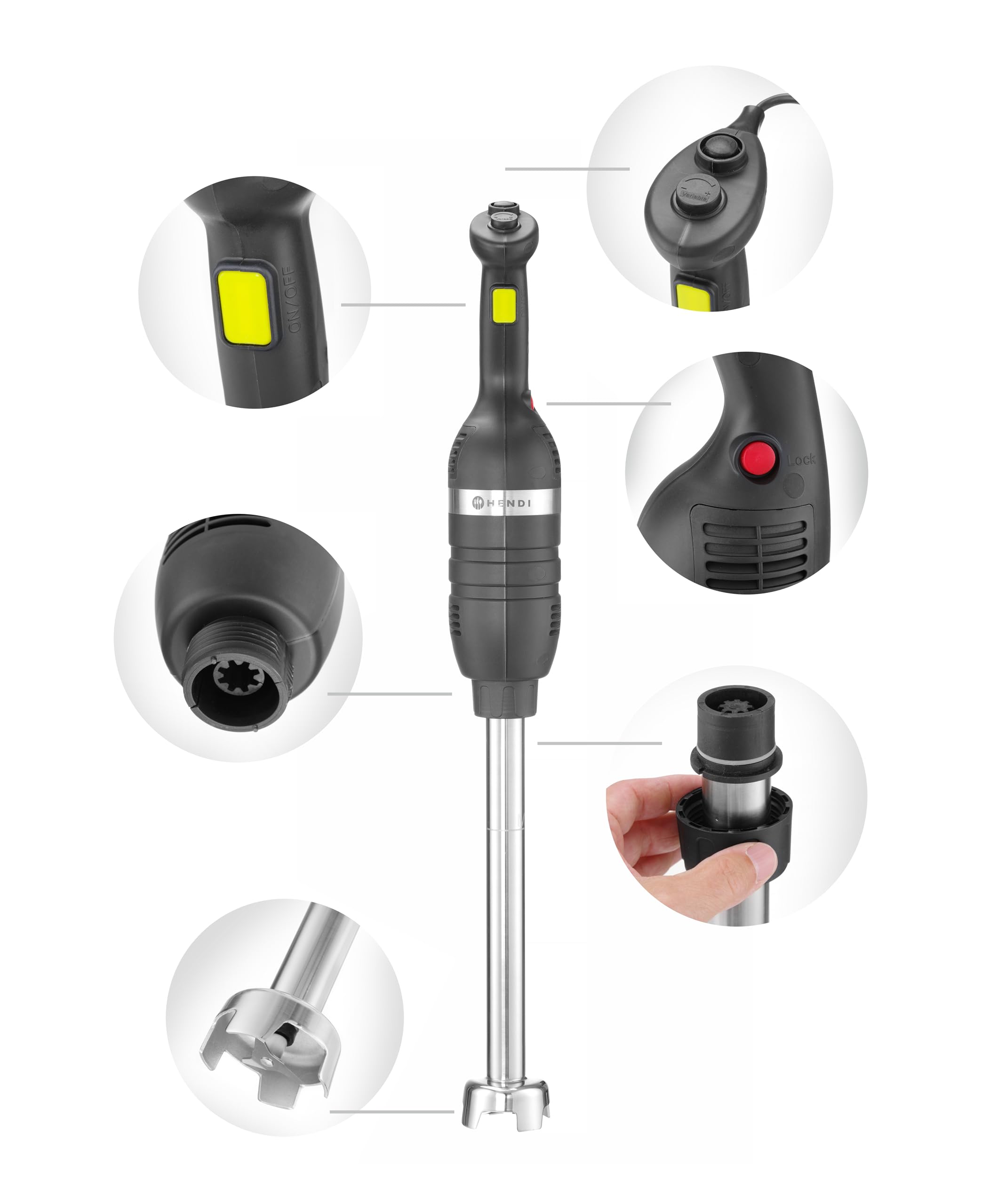 HENDI Frullatore a immersione, asta frullatore: 300mm, velocità regolabile: 4000 a 16000 g/min, processa fino a 30L, frullatore a mano, mixer ad immersione, ø100x(H)716mm, 230V/350W, inox, poliammide