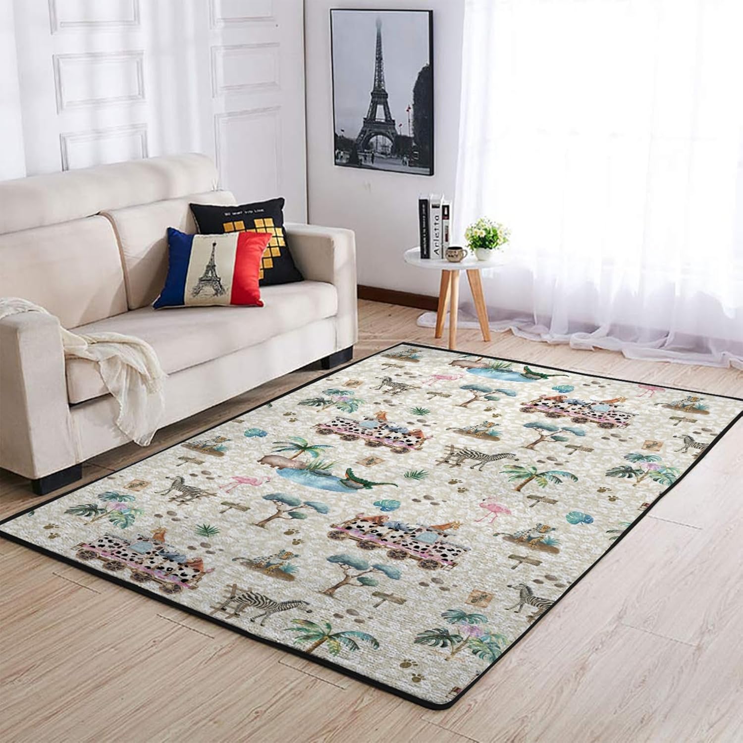 Zoo Safari Animals Train Area Rugs Leopard Giraffe Zebra Hippo Flamingo Tropical Leaves Floor Carpet Rug Throw Mats for Kids Toddler Nursery Bedroom Kitchen Living Room Bathroom 20x32inch