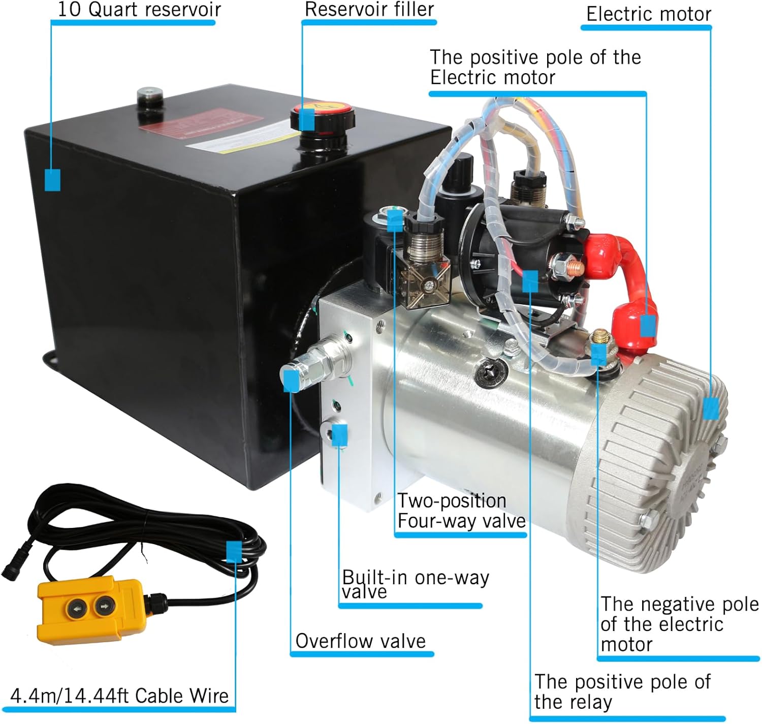 Hydraulic Power Unit,10 Quart Double Acting Metal Reservoir Pump,12v Electric Hydraulic Pump for Dump Trailer and DIY Hydraulic Systems