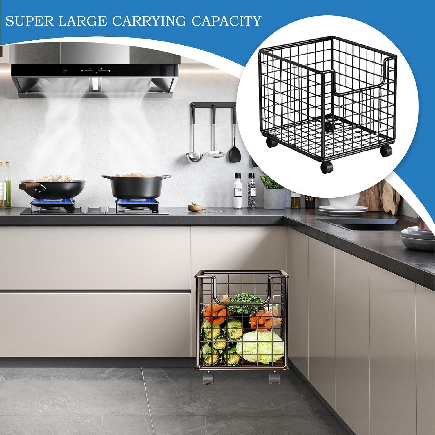 Kitchen Rolling Cart, Floor Storage Organizer, 360 Degree Rotating Portable Design, Multi Tier Rack, for Pantry Laundry Bathroom Vegetable Fruit Snack Organization Sturdy Space Saving
