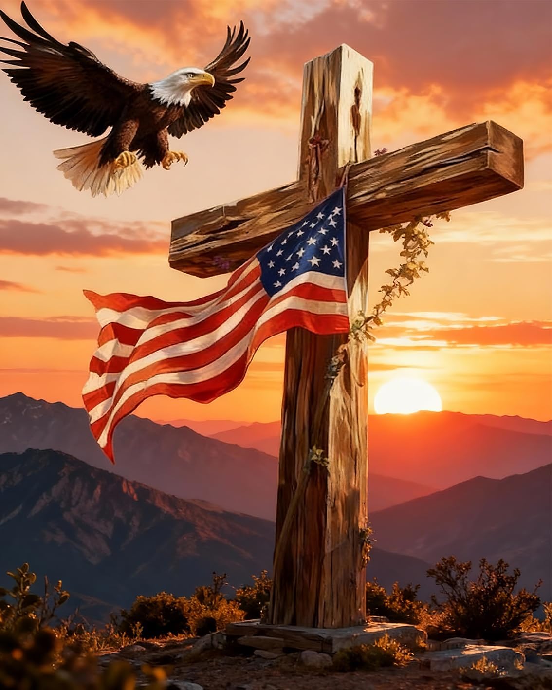 Independence Day Paint by Numbers Kit for Adults Beginner,4Th of July Acrylic Paint by Number Kits on Canvas,Bald Eagle and Cross Digital Oil Painting Art Kits for Home Decor without Frame 16x20 Inch.