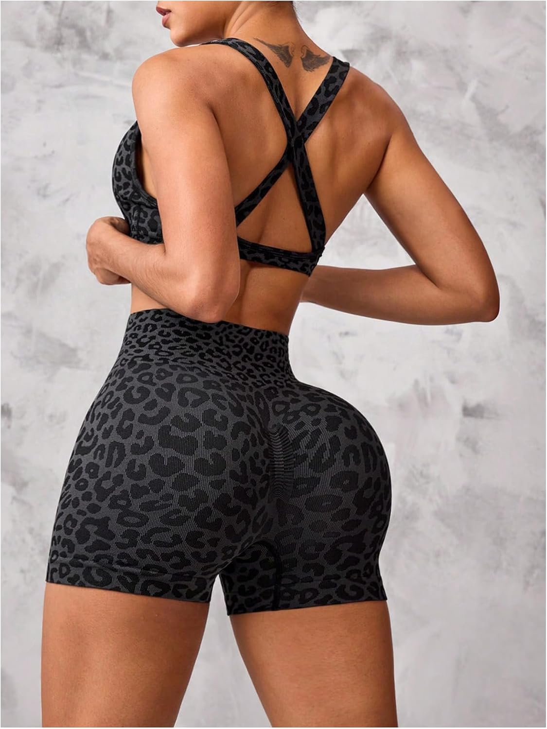 Women's 2 Piece Leopard Print Athletic Outfits Criss Cross Sports Bra and Biker Shorts Gym Tracksuits - Image 2