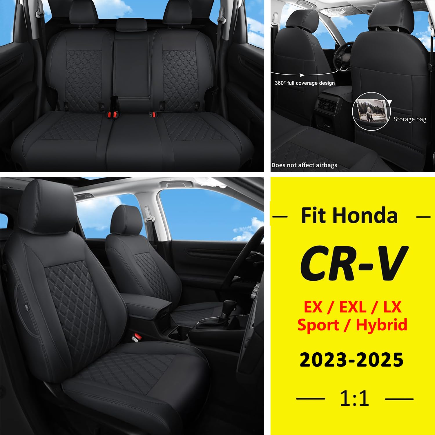GIANT PANDA Customized Full Set Car Seat Covers Fit for Honda CRV EX,EX-L,LX,Sport Series,Hybrid 2023 2024 2025 Faux Leather (Black)