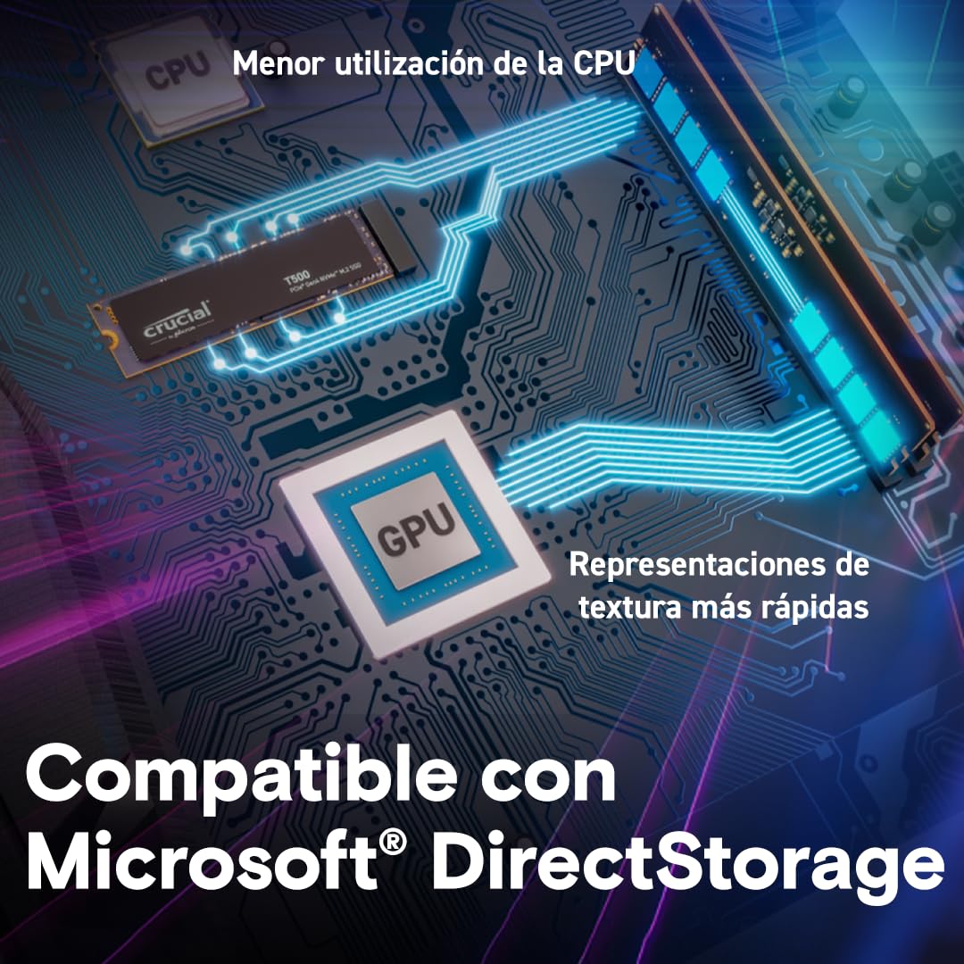 Crucial T500 SSD 1TB PCIe Gen4 NVMe M.2, hasta 7300 MB/s, TLC NAND, Compatible con Ordenador Portátil y de Sobremesa, Disco Duro Interno, Microsoft DirectStorage - CT1000T500SSD8