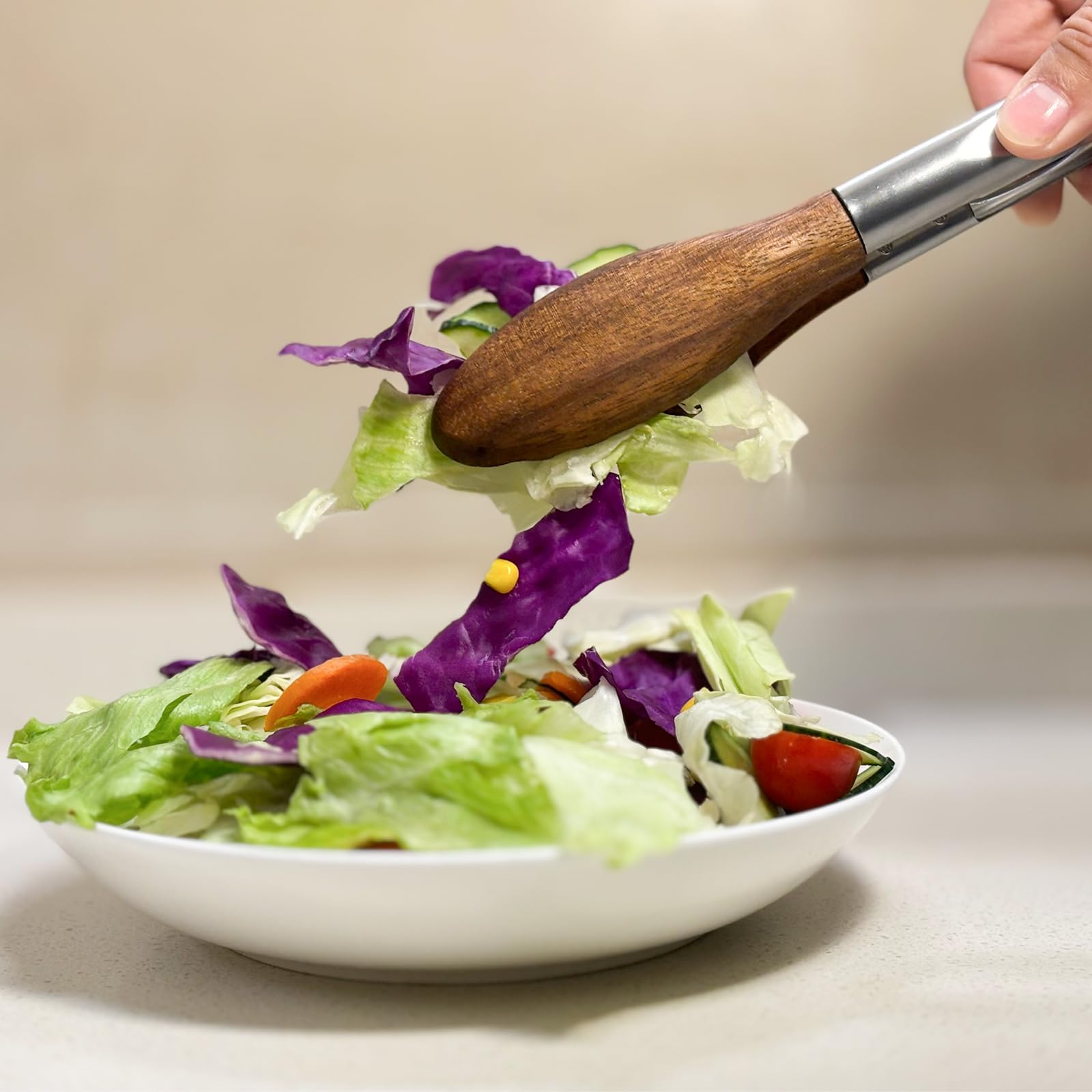 H&Zebrabro 2 pinzas para alimentos con punta de madera, pinzas de ensalada para cocinar, servir, parrilla, pinzas de cocina con mango de acero inoxidable, juego de herramientas de cocina