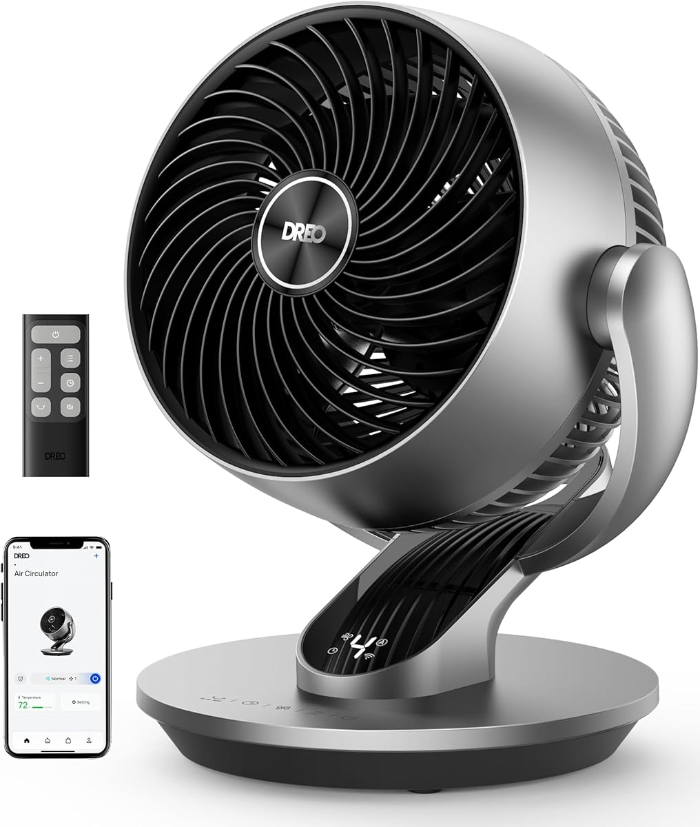 Dreo Smart Fan for Bedroom,120° Vertical and 90° Oscillating Fan with Remote/Voice, 13 Inch Height Quiet Air Circulator for Whole Room, 70 ft, 4 Speeds, 5 Modes, 12H Timer, Desk Fans for Home, Office