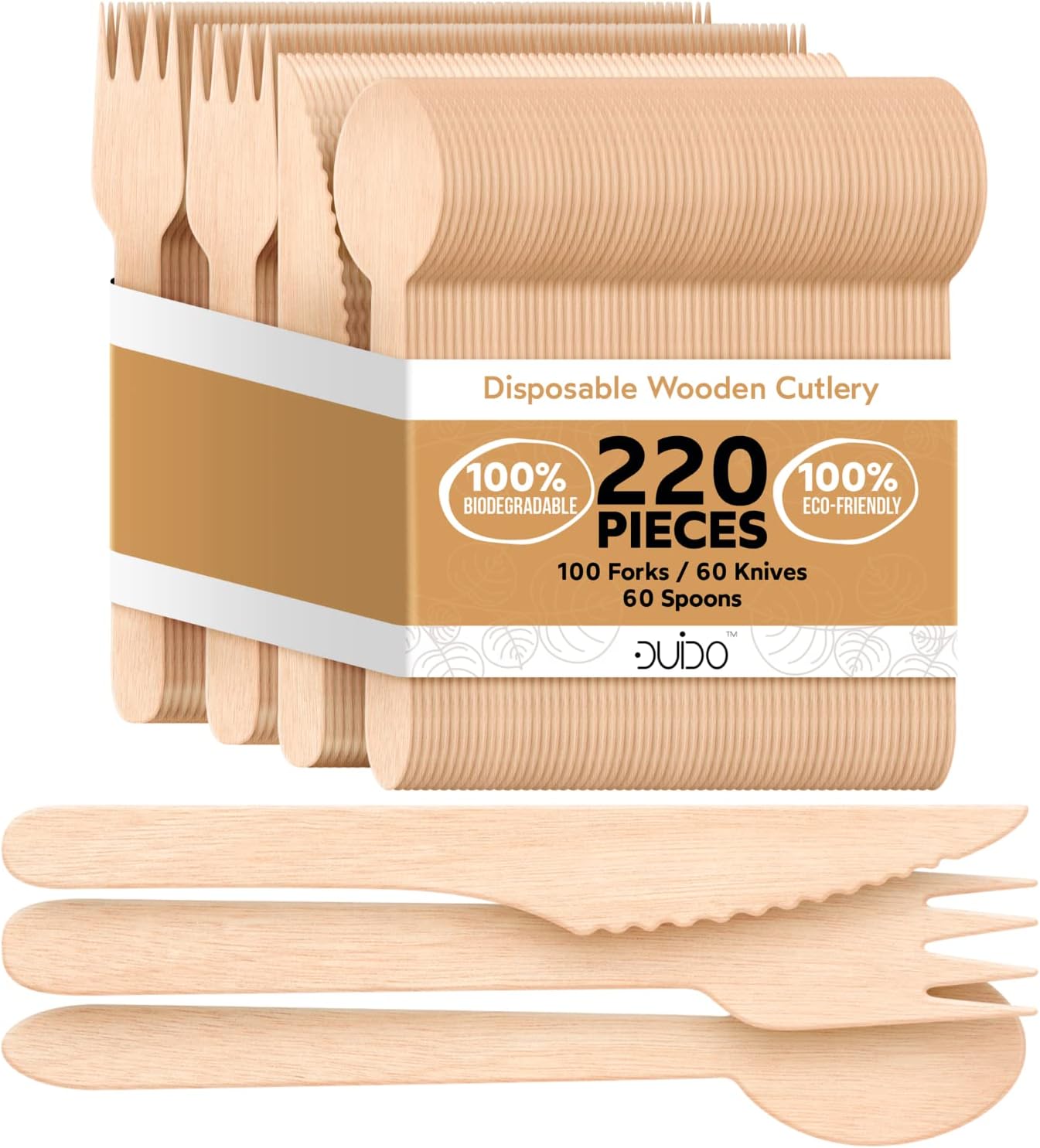Disposable Wooden Cutlery – 220 Pack Biodegradable Utensils - Eco Friendly Compostable Utensils