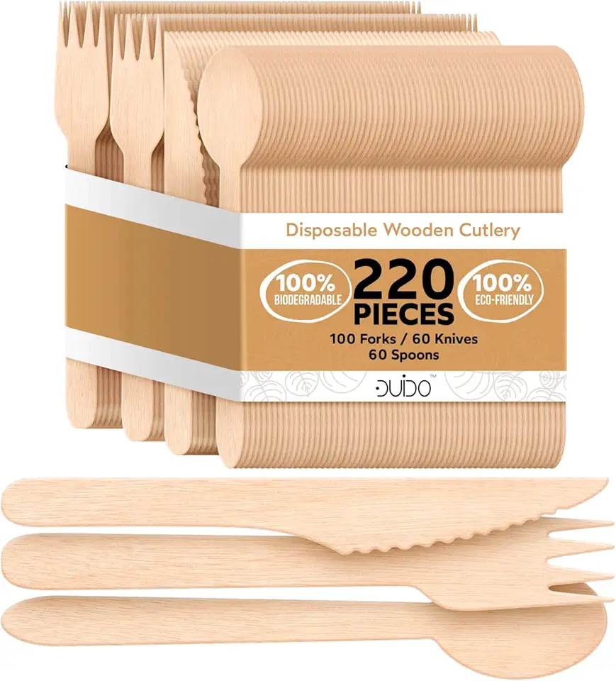 Talheres de madeira descartáveis – Pacote com 220 utensílios biodegradáveis – Utensílios compostáveis ecológicos