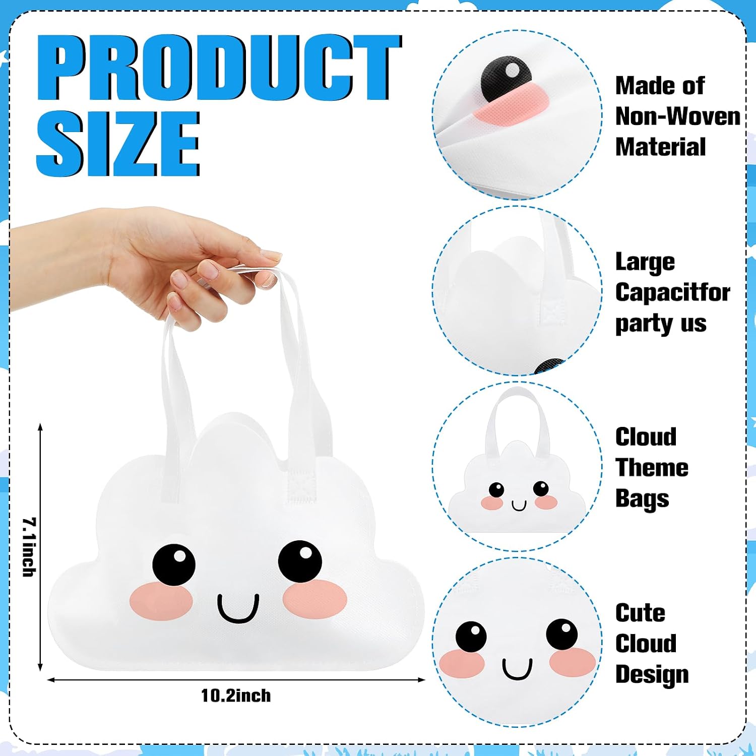 Tranqun 36 Pcs Clouds Party Bags Bulk White Non Woven Tote Cloud Goodie Bags with Handle for Birthday Gender Reveal Baby Shower Party Favors