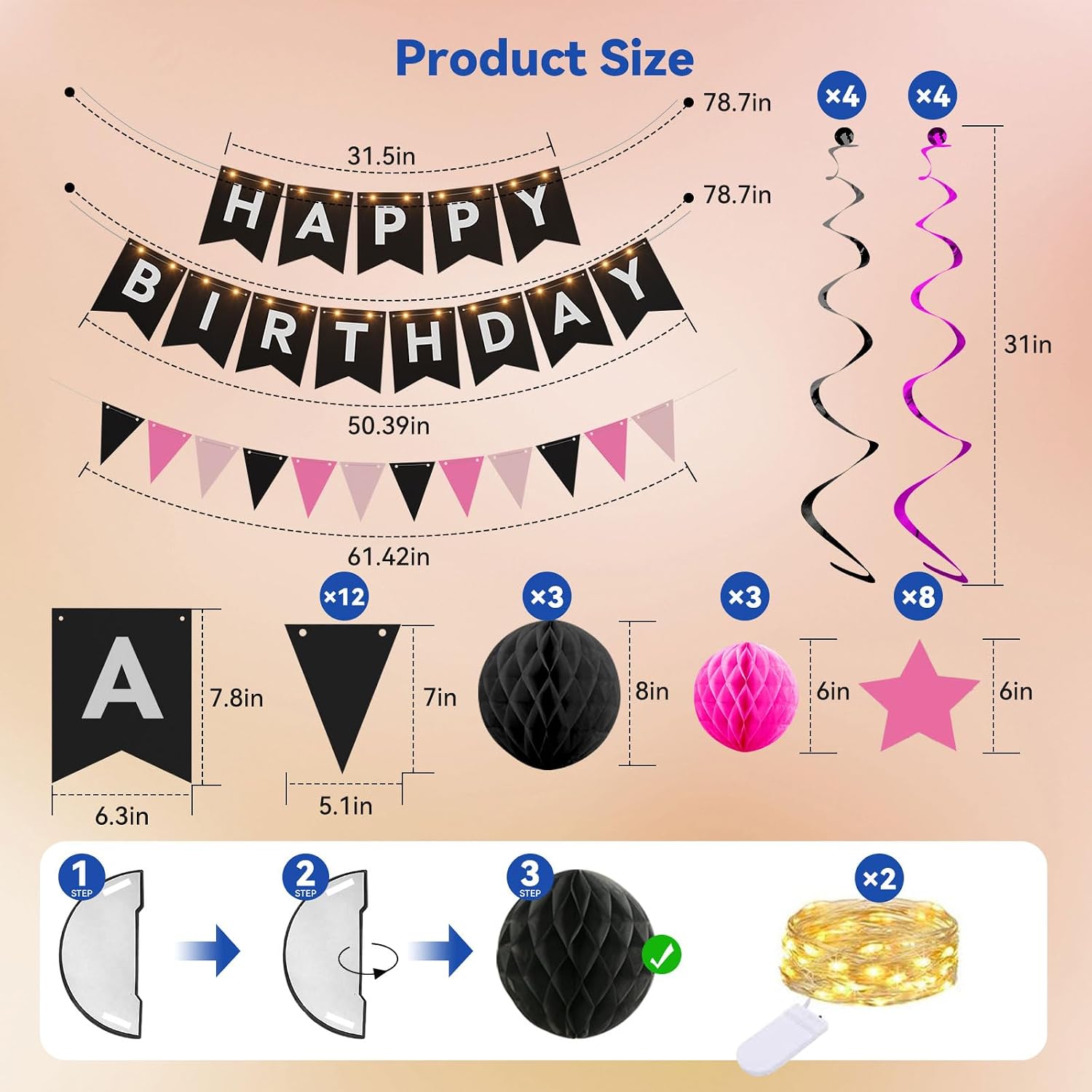 Birthday Decorations,Black Pink Happy Birthday Banner with Fairy lights,Pennant Banner,Honeycomb Balls and Star Hanging Swirls Streamer Happy Birthday Party Decorations for Women Men Boys Girls
