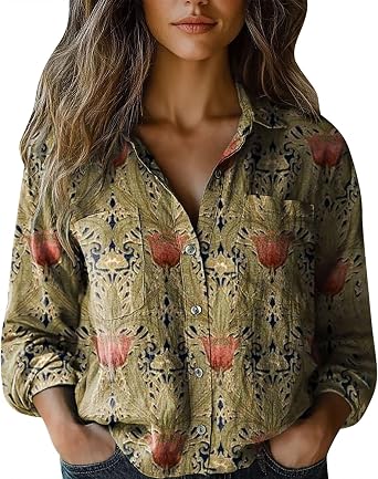 Womens Vintage Boho Tops Minimalist Print Long Sleeve V Neck Button Down Shirts Ethnic Blouses Casual Loose Tunics