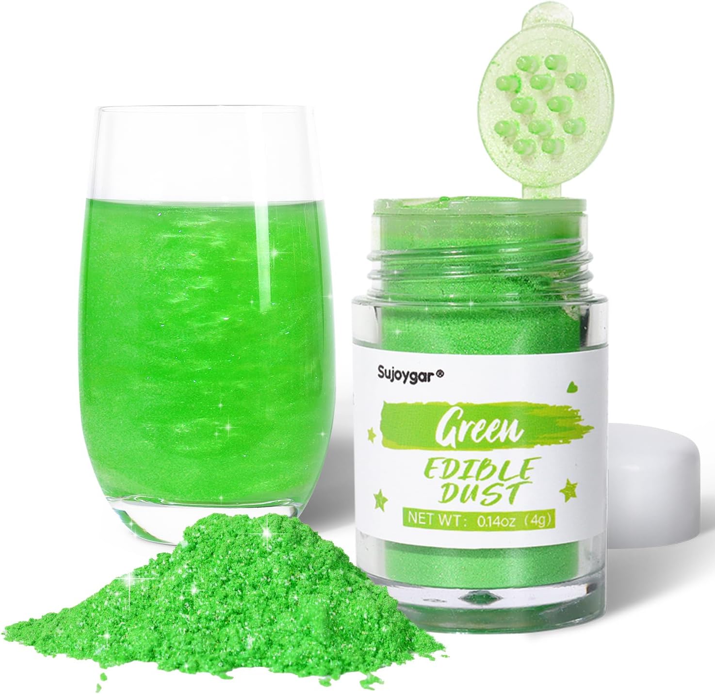 Sujoygar Green Edible Glitter for Drinks Cocktails, Food Grade 4g Luster Dust Edible Green Glitter for Cakes Cookies Chocolate Cupcake Baking Shimmer Powder, Easter Halloween Party Food Decoration