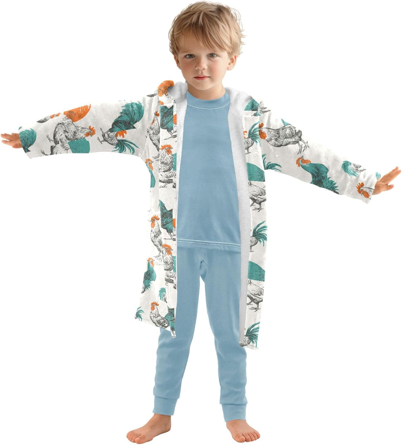 Roosters Animals Vintage Bathrobe Hooded PJ Robe Soft Fleece Robe Pajama Sleepwears 2-12 Years