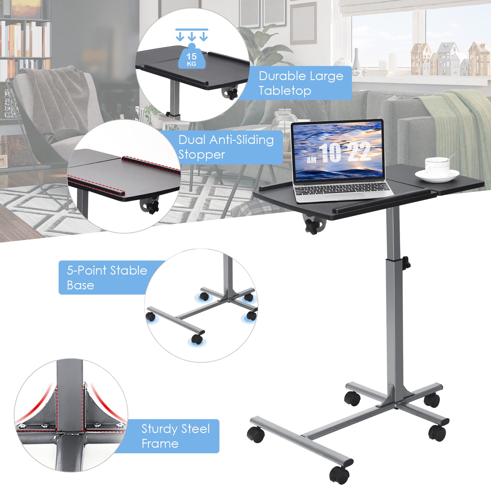 LIFEZEAL Mesa para Ordenador portátil de Altura Regulable, Mesa para Cama inclinable en Forma C con Ruedas, Mesa Auxiliar para Cama Hospital